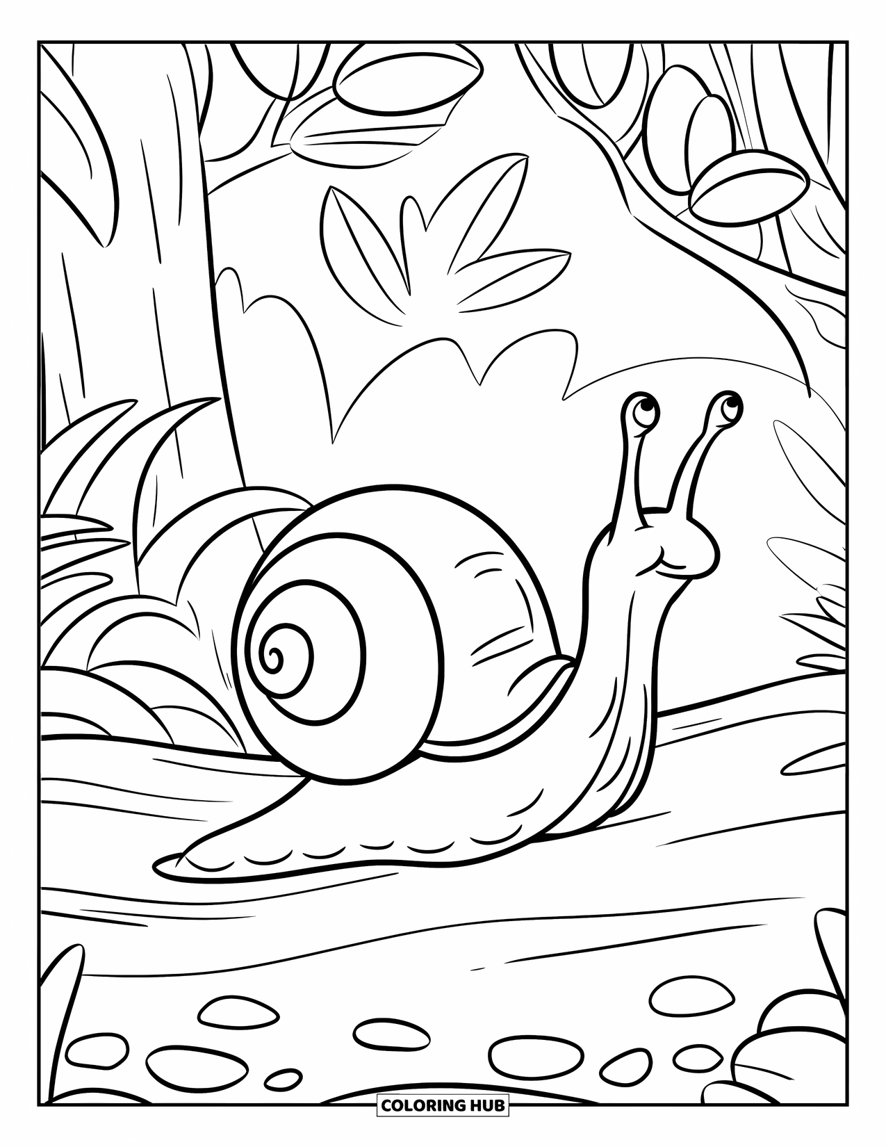 Snail Coloring Page for Kids: Snail travels a dirt path beneath trees and leafy branches