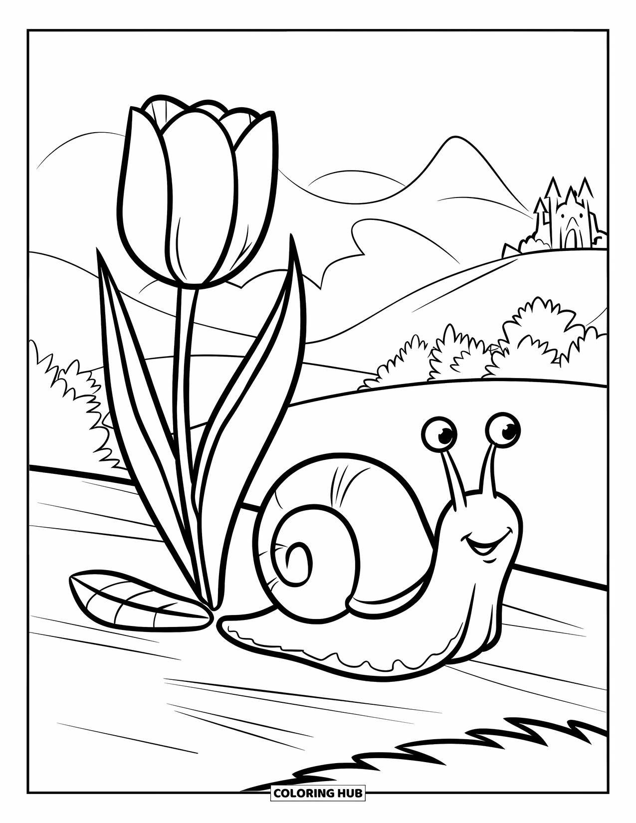 Snail Coloring Page for Kids: Snail travels past a tulip and leaves toward a faraway castle