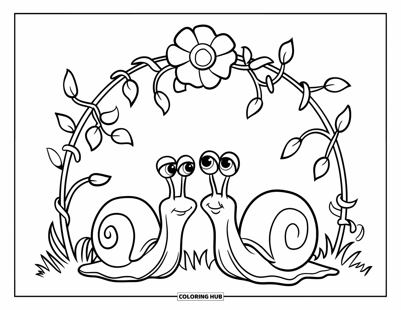 Snail Coloring Page for Kids: Two snails meet under a lovely flower arch with vines