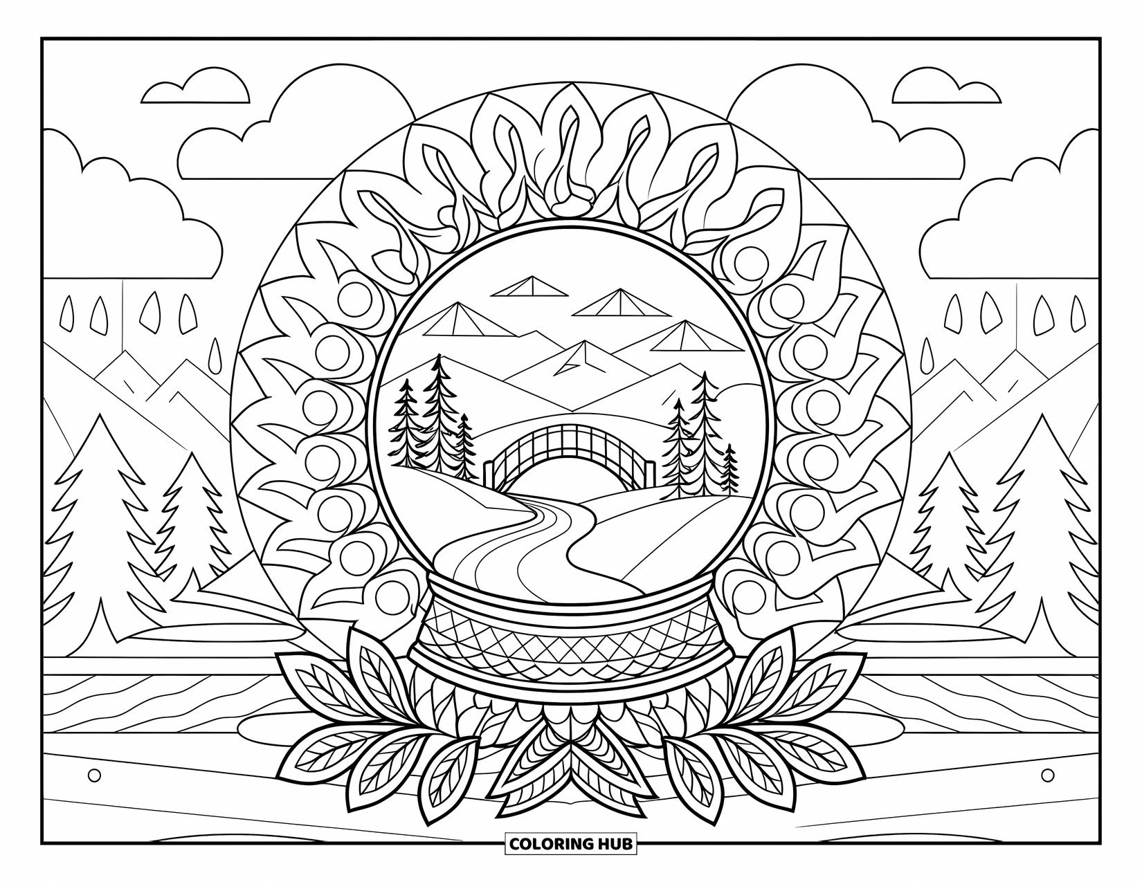 Snow Globe Coloring Page for Adults: Bridge and river flow through a snow globe wrapped in a floral mandala