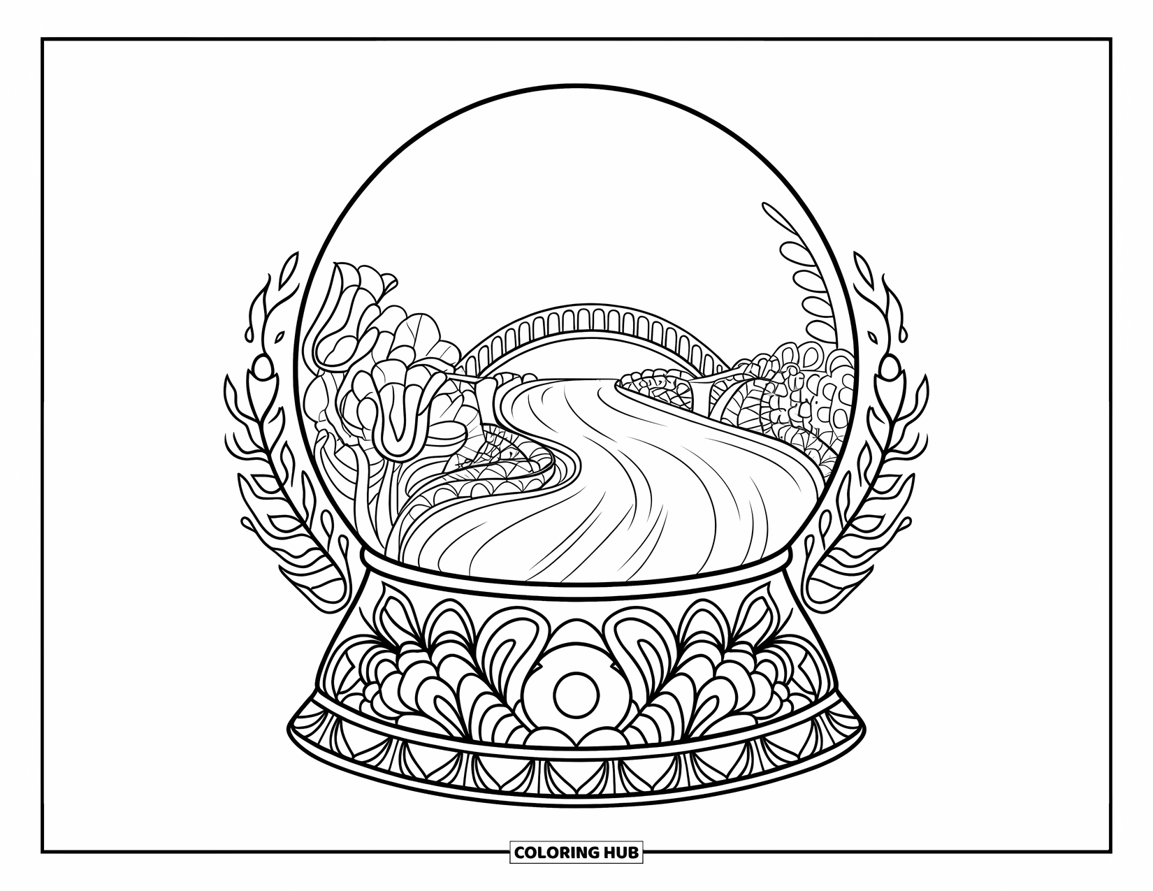 Snow Globe Coloring Page for Adults: Bridge and river rest peacefully inside a floral mandala snow globe