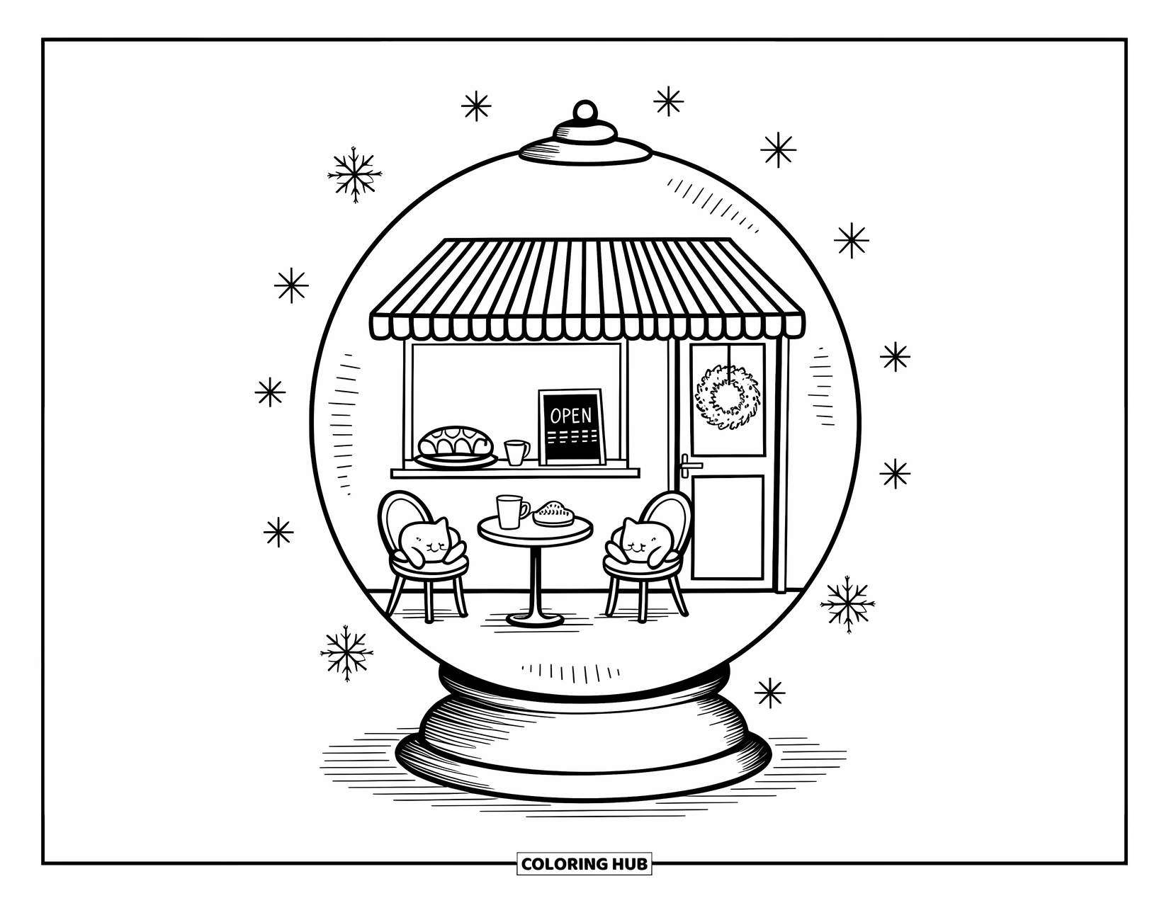 Snow Globe Coloring Page for Adults: Cute cafÈ globe features a mug, pastries, and a cat snoozing on a chair