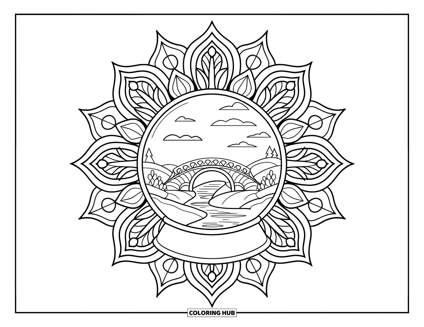 Snow Globe Coloring Page for Adults: Mandala surrounds a snow globe with a bridge over a flowing river