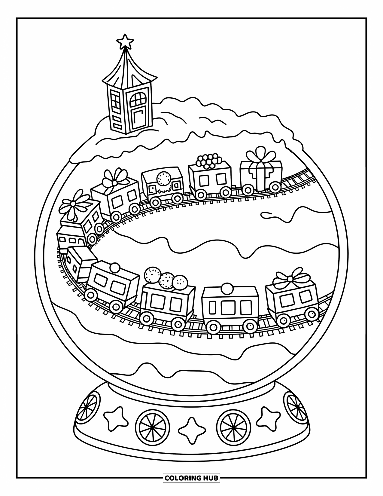 Snow Globe Coloring Page for Adults: Round train filled with sweets winds through a snowy hill and candy globe base