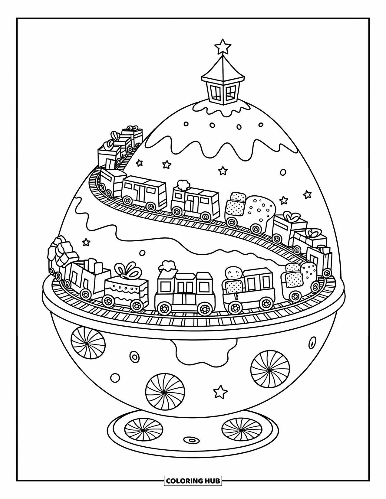Snow Globe Coloring Page for Adults: Short, sweet train carries cookies around a hill under a starry little watchtower