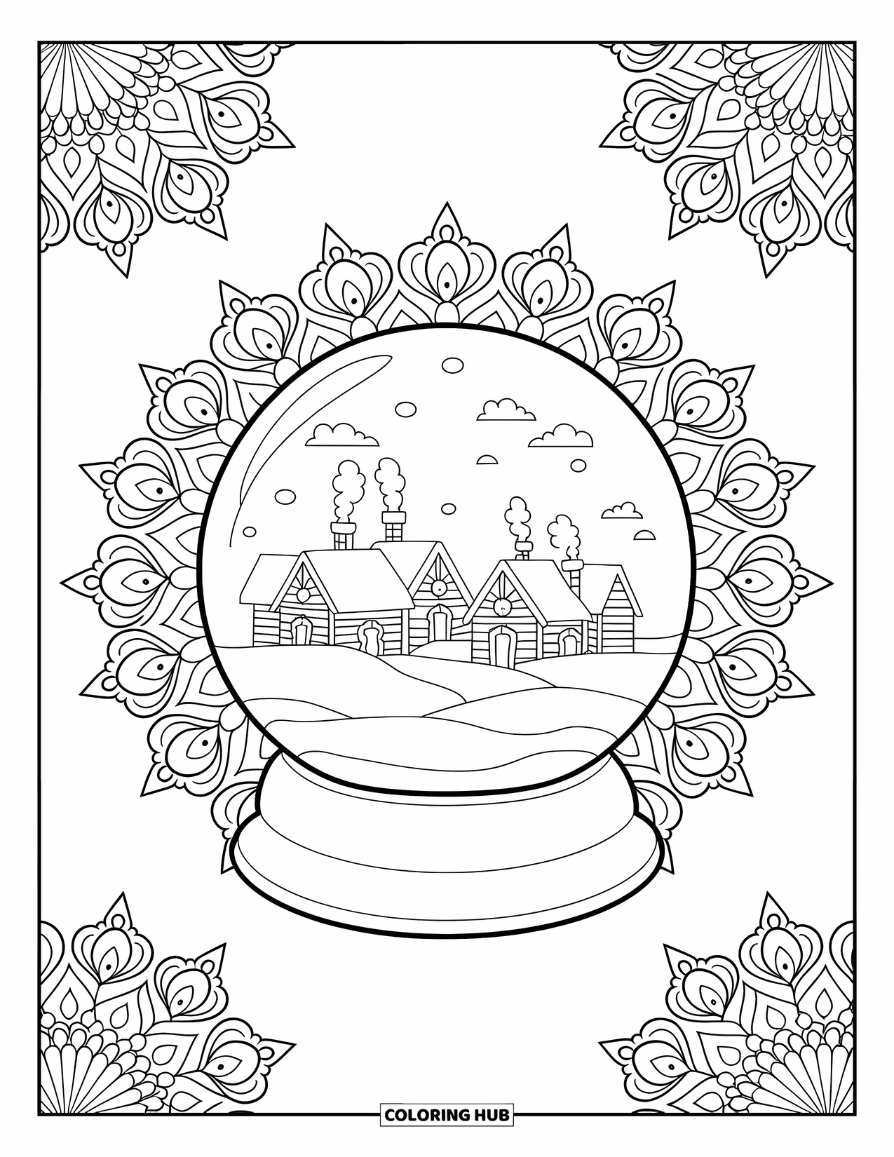 Snow Globe Coloring Page for Adults: Snow globe with a peaceful village and chimneys puffing smoke
