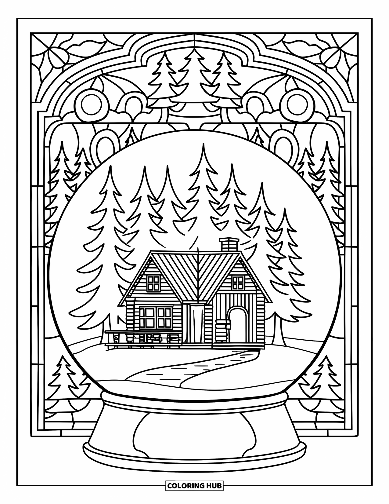 Snow Globe Coloring Page for Adults: Snowy cabin inside a globe glows in a forest with stained glass background