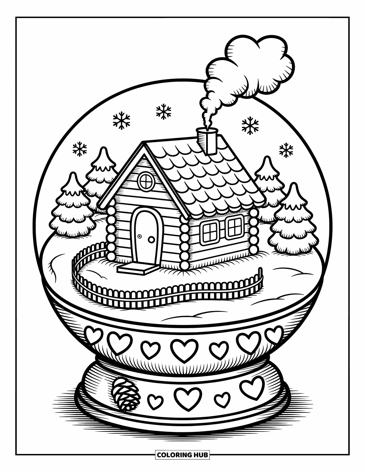 Snow Globe Coloring Page for Adults: Tiny cabin in the snow features pine trees, a lantern, and heart carvings