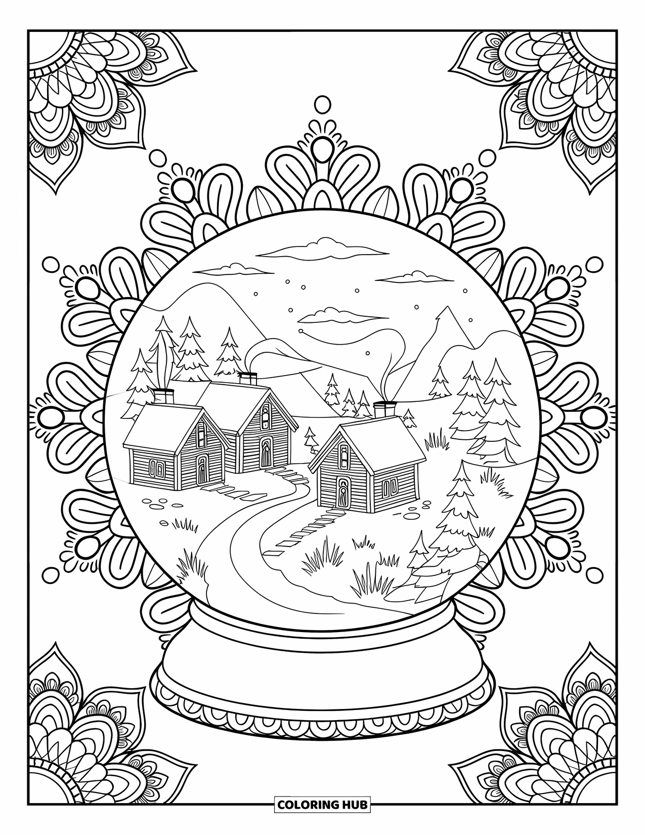 Snow Globe Coloring Page for Adults: Tiny snowy village glows inside a globe with floral mandala frames