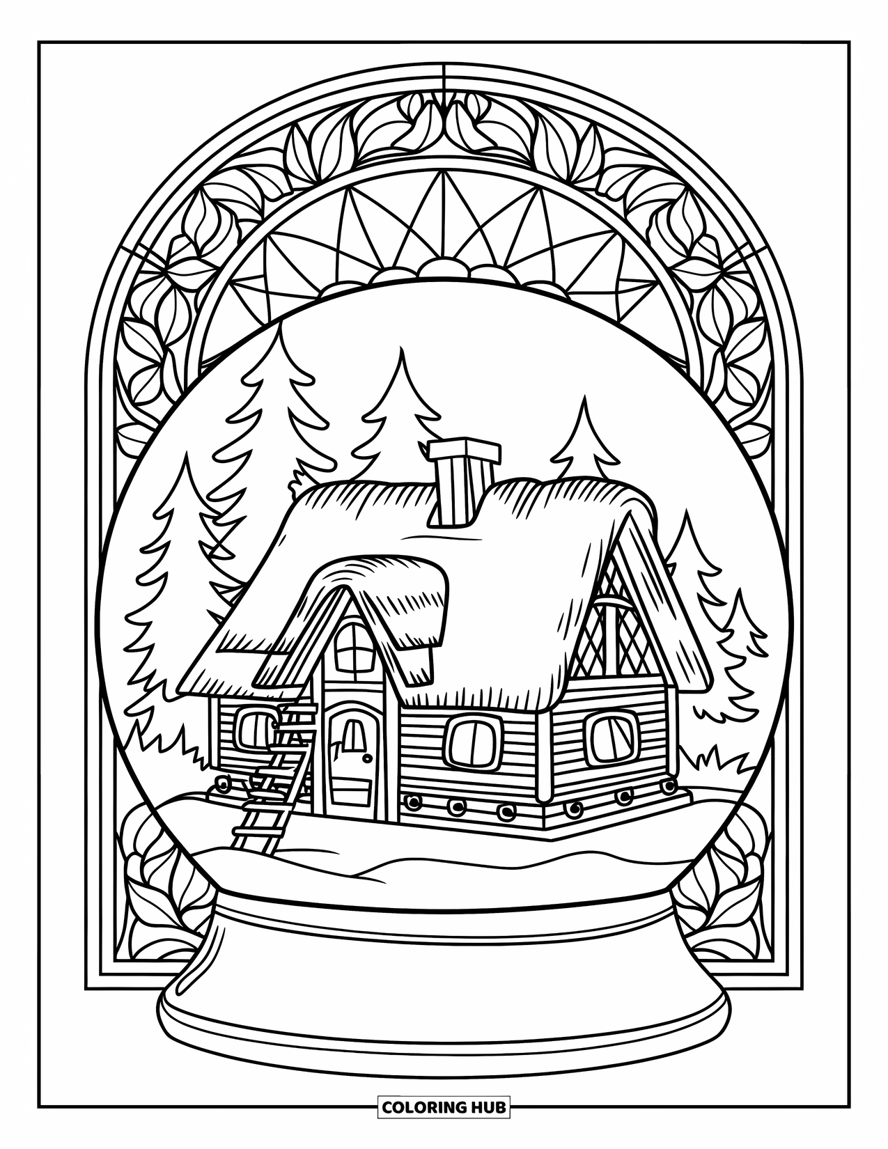 Snow Globe Coloring Page for Adults: Tree-filled forest surrounds a cabin globe with leafy stained-glass designs