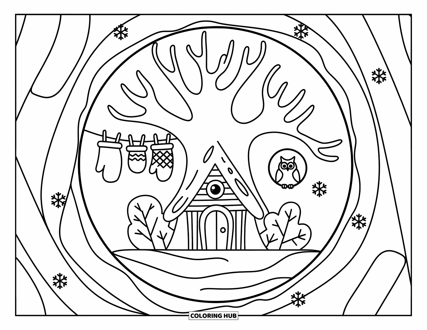 Snow Globe Coloring Page for Adults: Treehouse in a snowy tree features mittens on a line and a peeking owl