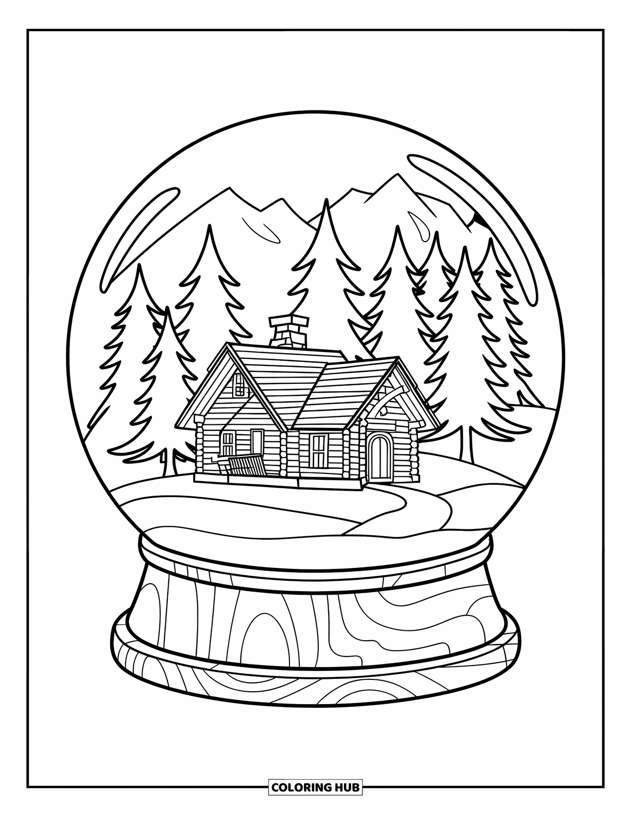 Snow Globe Coloring Page for Kids: A cozy cabin sits inside a snow globe surrounded by pine trees