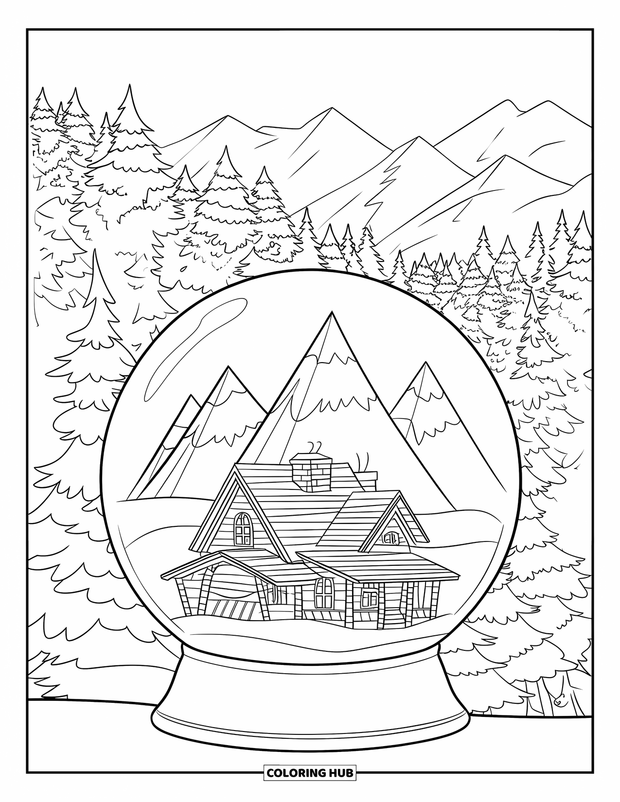 Snow Globe Coloring Page for Kids: Cabin snow globe nestled in snowy pines and mountain peaks