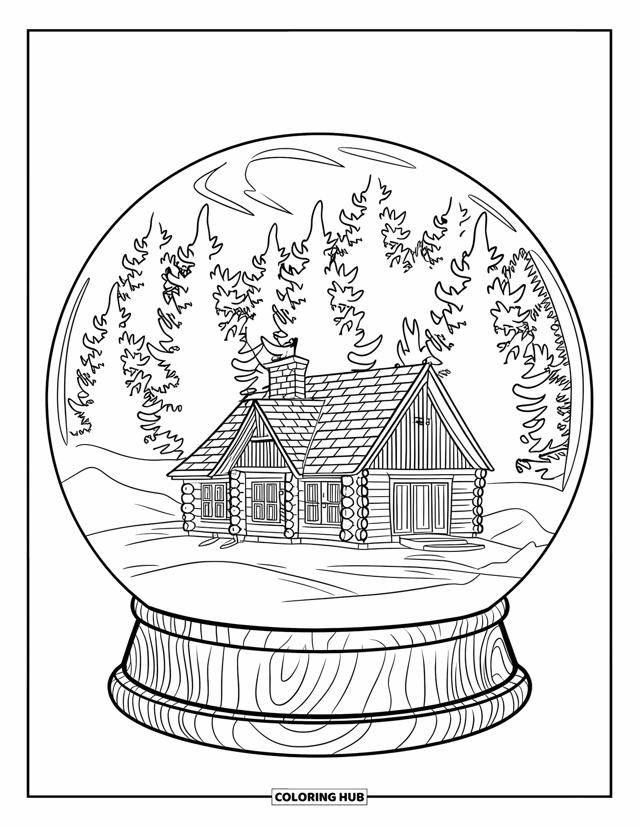 Snow Globe Coloring Page for Kids: Cabin snow globe rests with pine trees and snowy mountain views