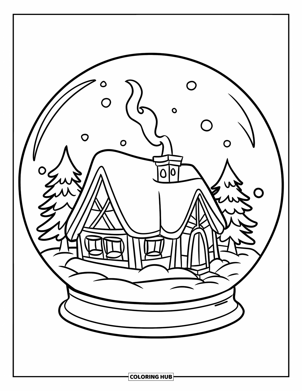Snow Globe Coloring Page for Kids: Cabin with chimney smoke and pine trees rests in a snow globe scene