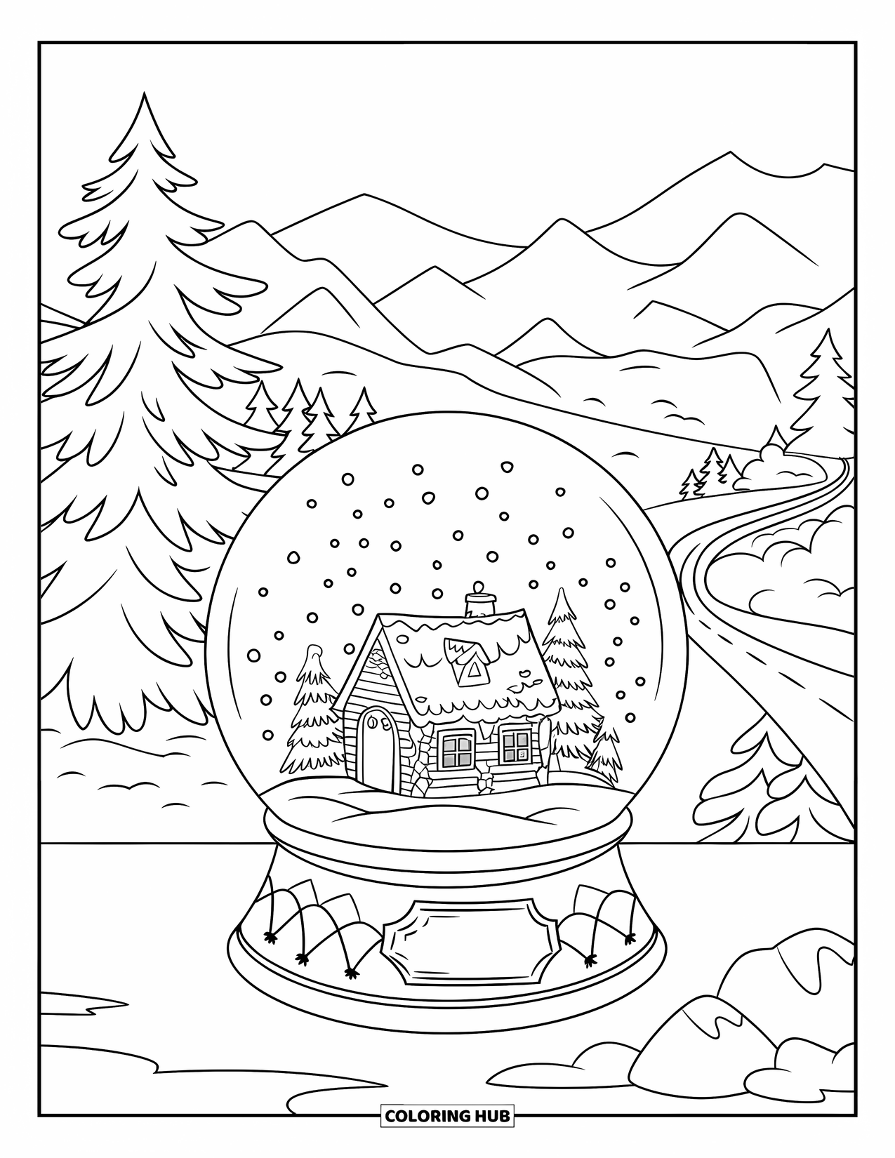 Snow Globe Coloring Page for Kids: Cottage and falling snow rest in a globe with trees and a mountain view
