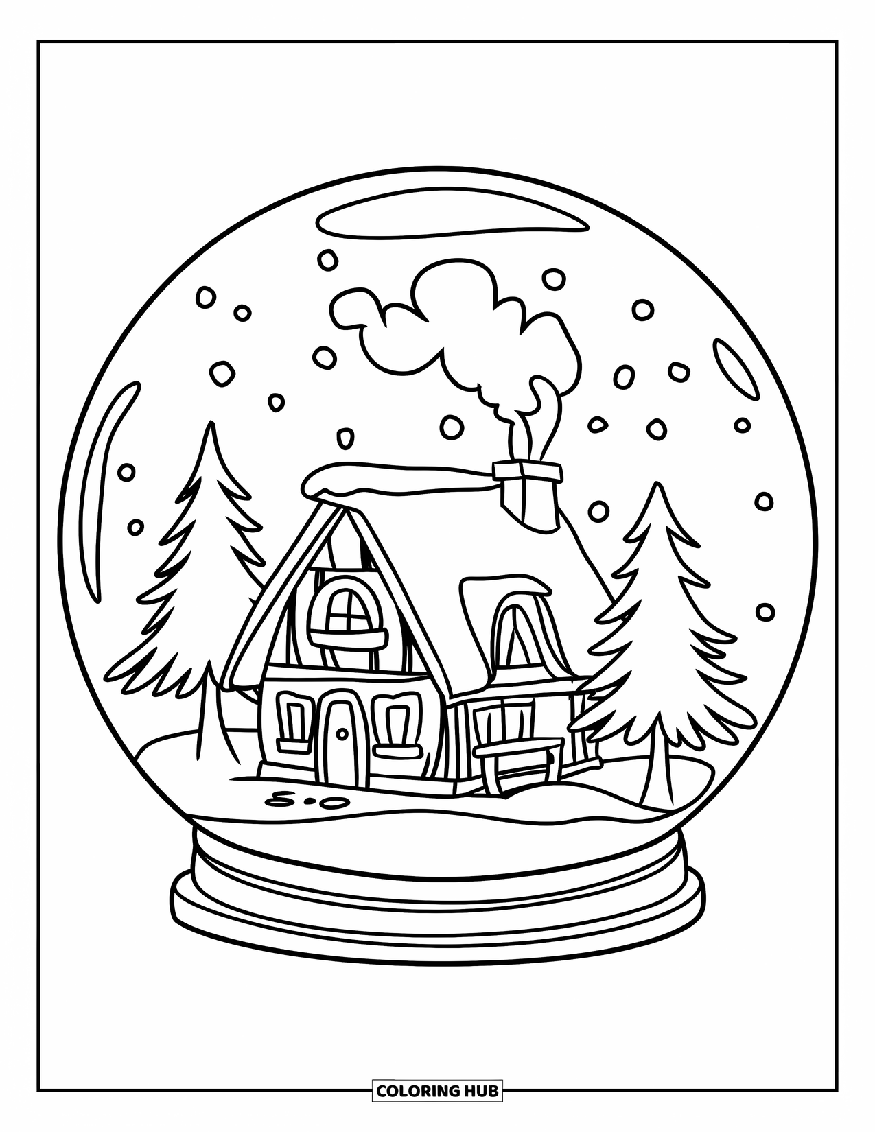 Snow Globe Coloring Page for Kids: Cozy cabin with smoking chimney and pine trees sits inside a snow globe