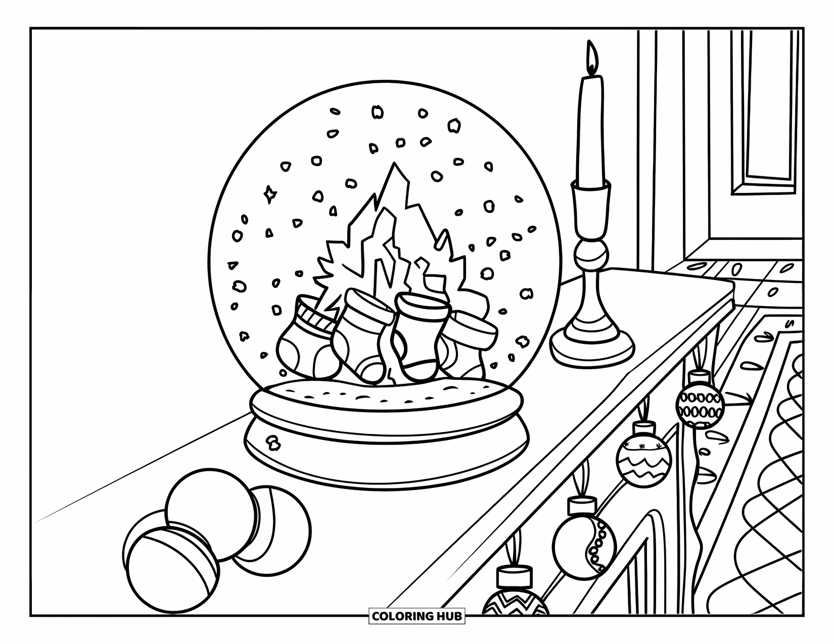 Snow Globe Coloring Page for Kids: Fireplace mantel holds a snow globe with stockings and cozy decor