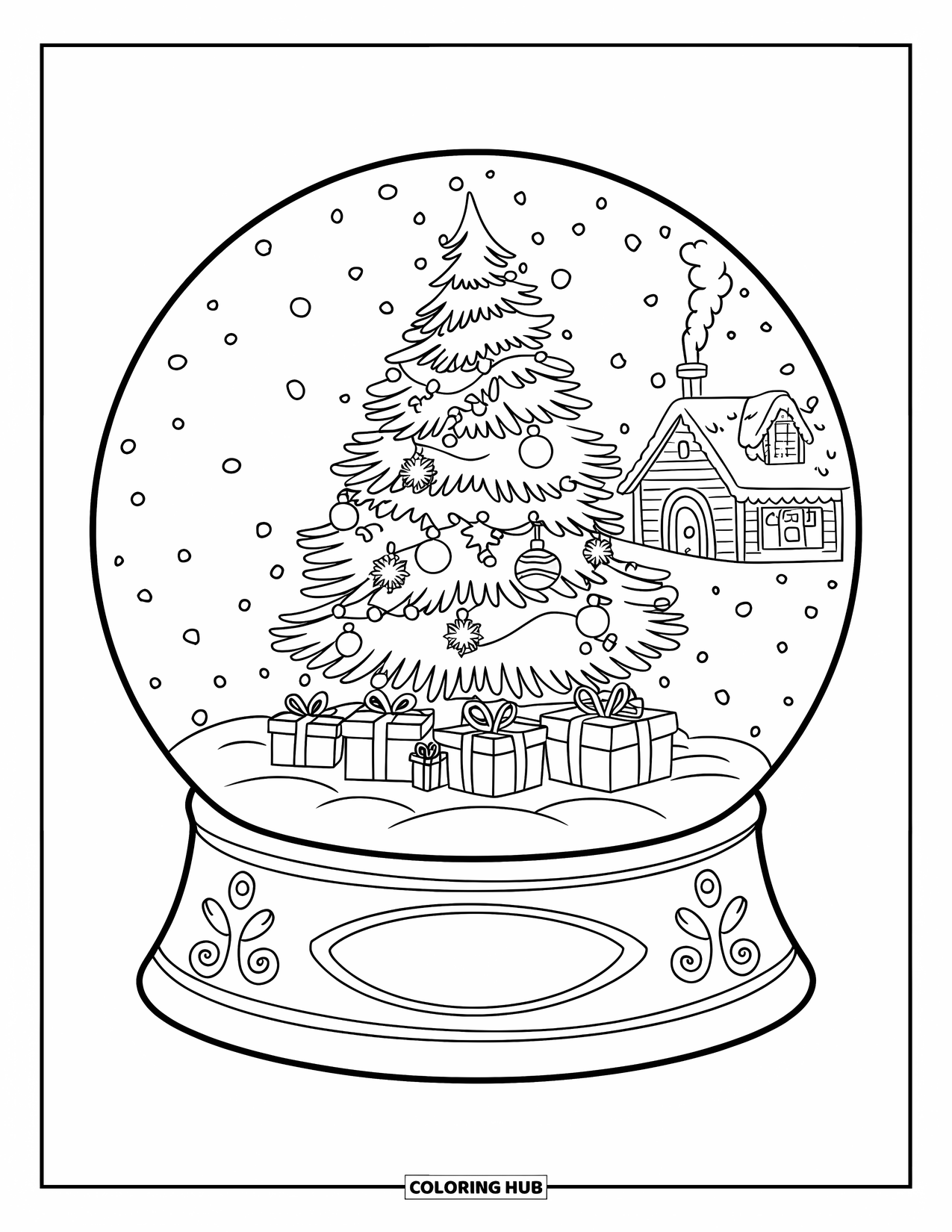 Snow Globe Coloring Page for Kids: Glowing Christmas tree and gifts fill a snow globe with a snowy view