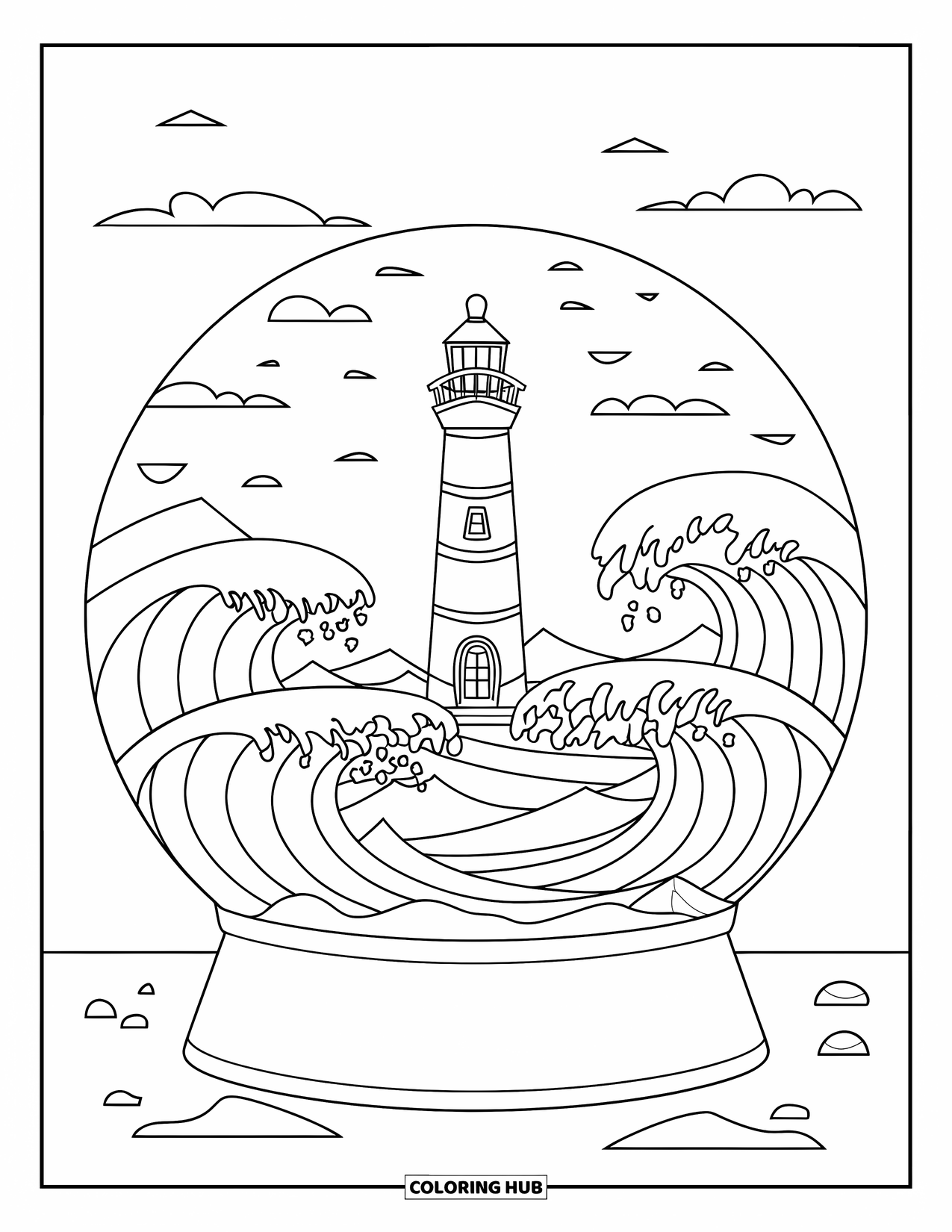 Snow Globe Coloring Page for Kids: Lighthouse snow globe sits among crashing waves and soft clouds