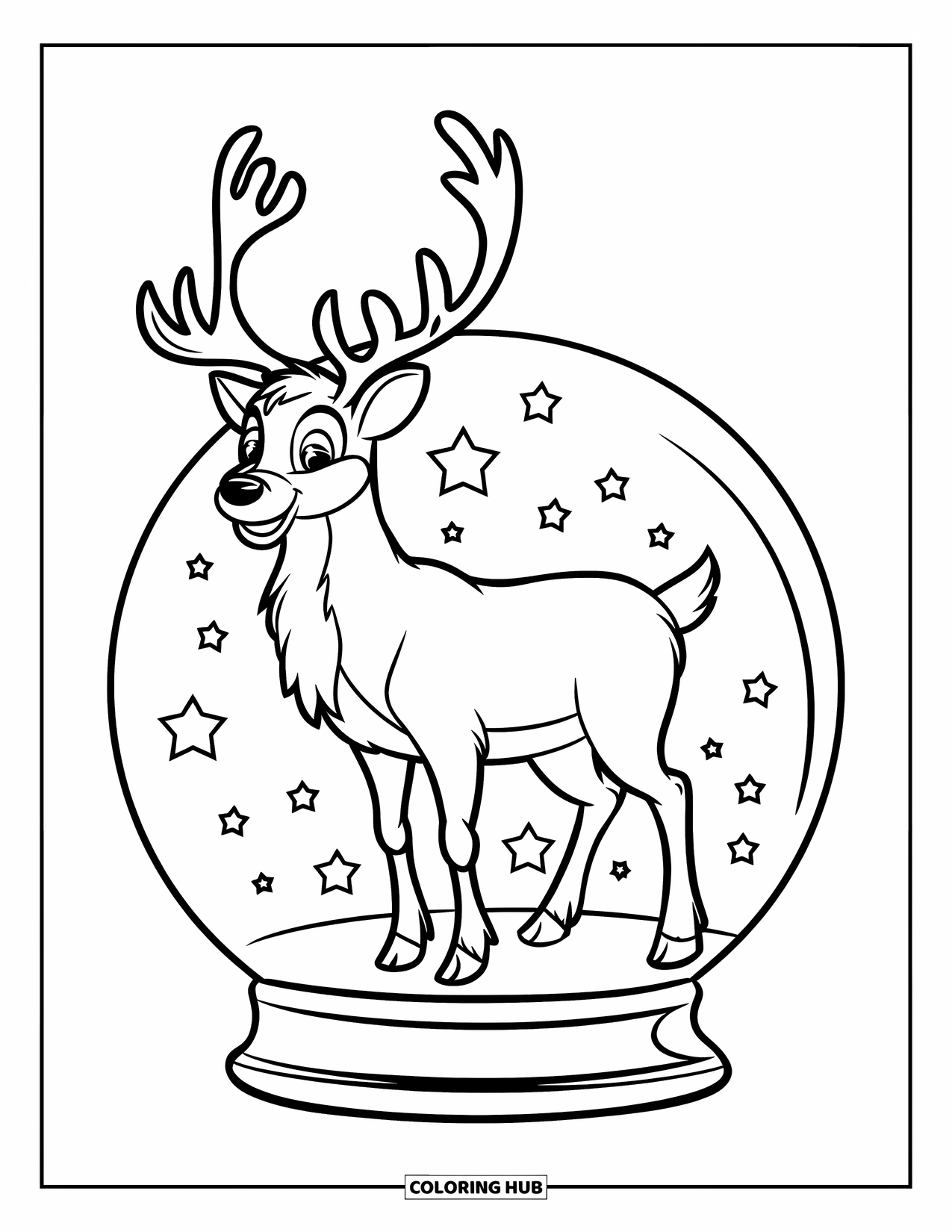 Snow Globe Coloring Page for Kids: Red-nosed reindeer stands inside a snow globe with shining stars