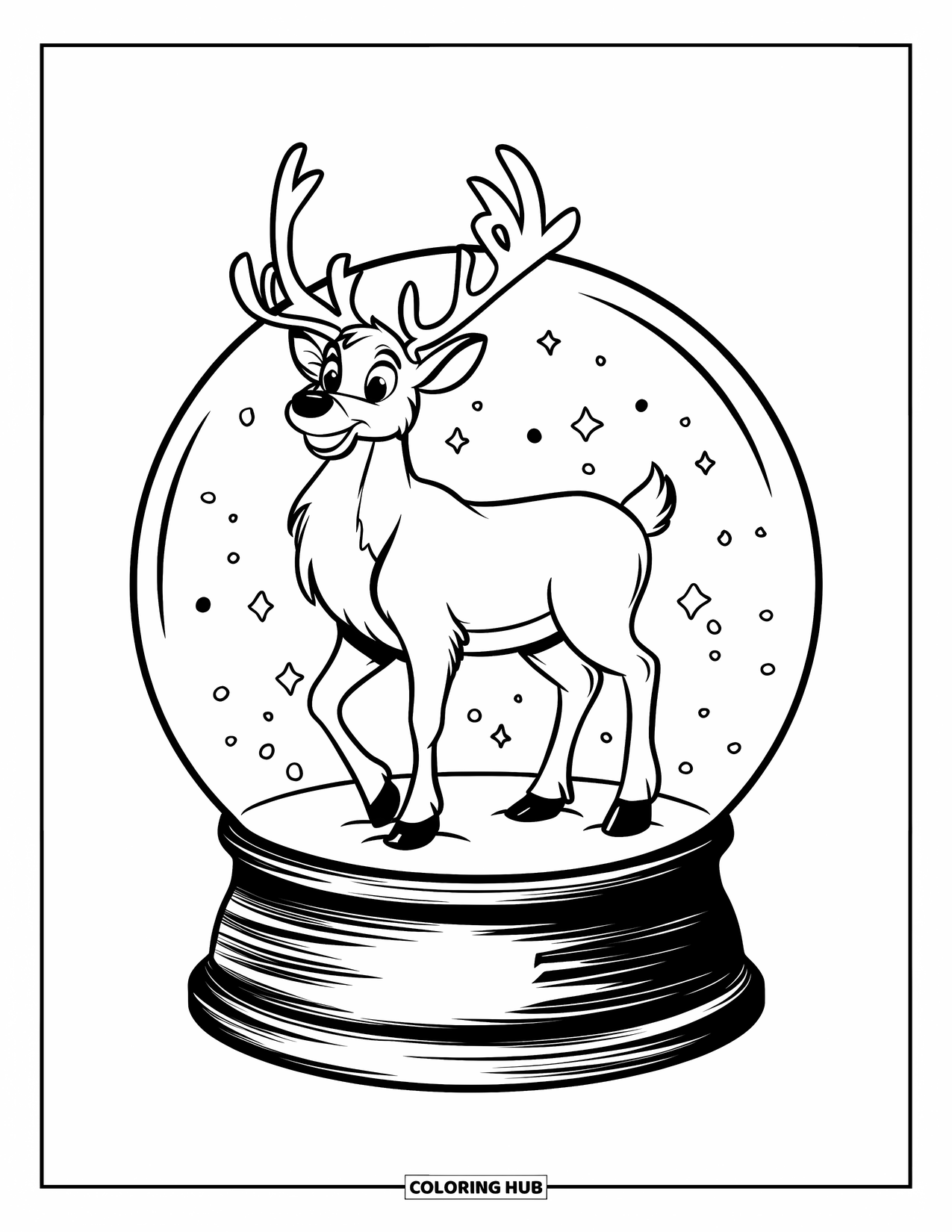 Snow Globe Coloring Page for Kids: Reindeer stands proudly inside a snow globe with stars around