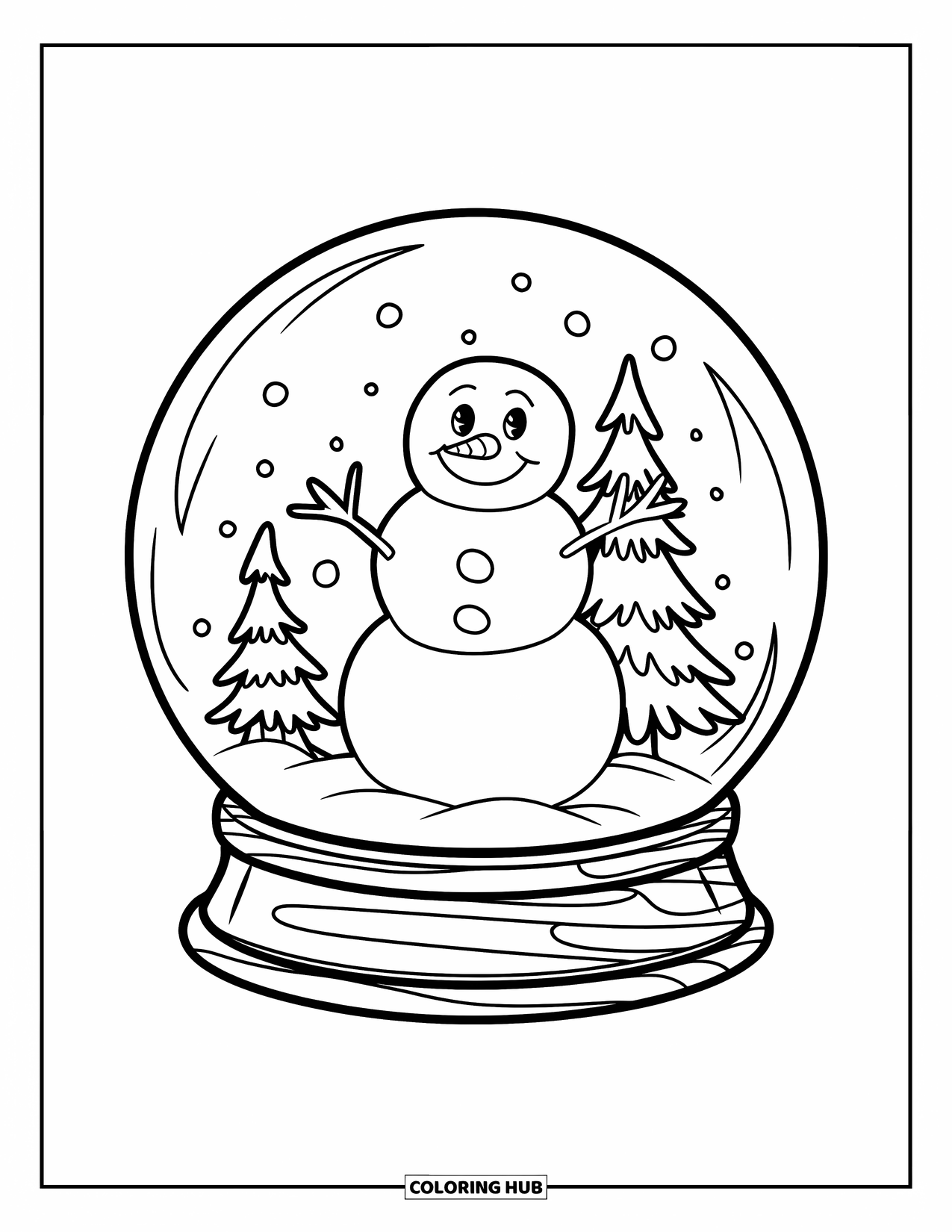 Snow Globe Coloring Page for Kids: Smiling snowman and pine trees sit inside a cheerful snow globe