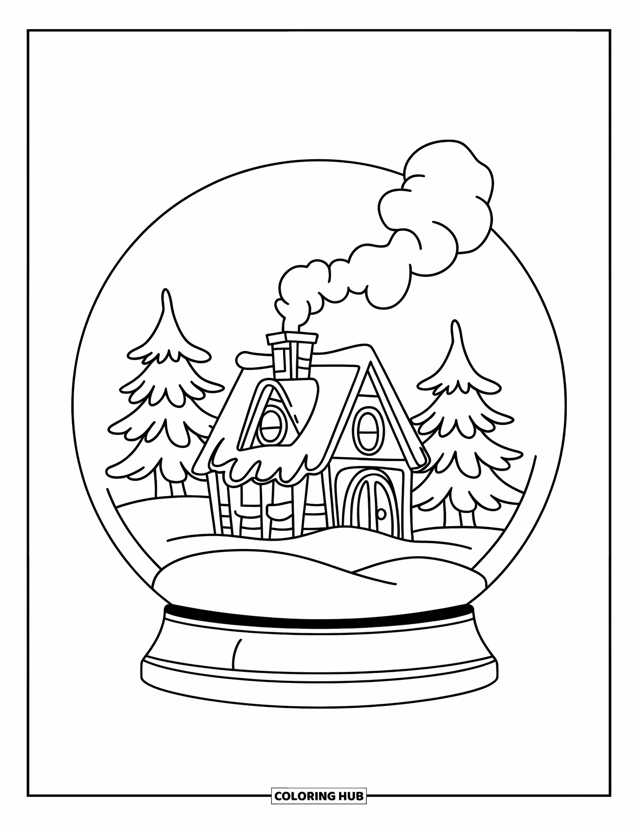 Snow Globe Coloring Page for Kids: Snow globe holds a warm cabin with smoke rising and two tall pine trees