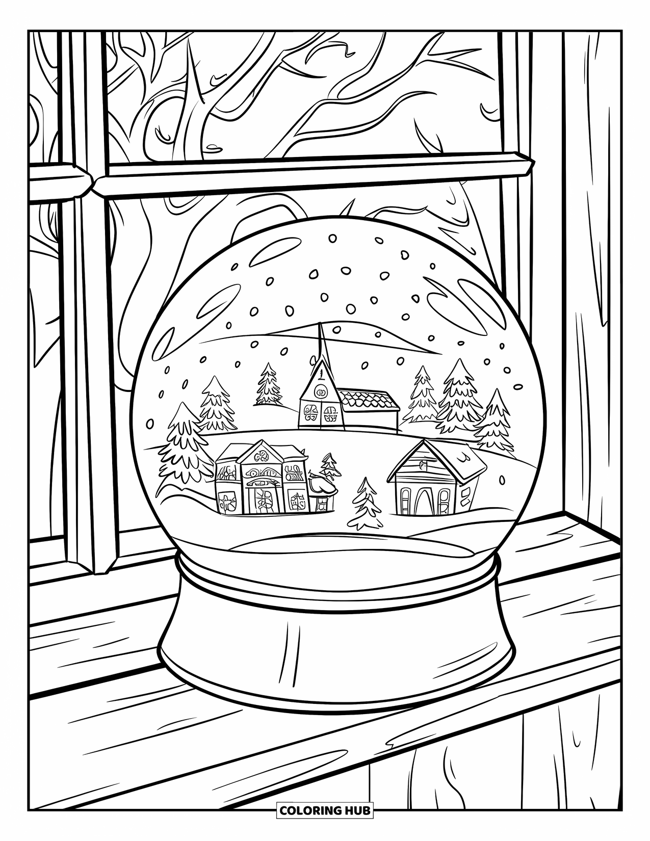 Snow Globe Coloring Page for Kids: Snow globe on a windowsill reflects bare winter trees outside