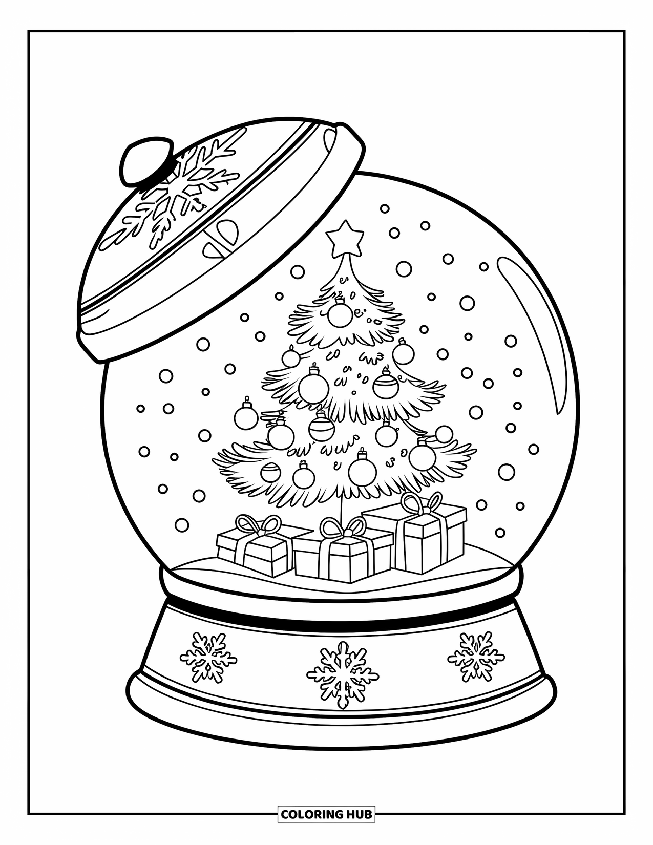 Snow Globe Coloring Page for Kids: Snow globe with a Christmas tree and gift boxes below