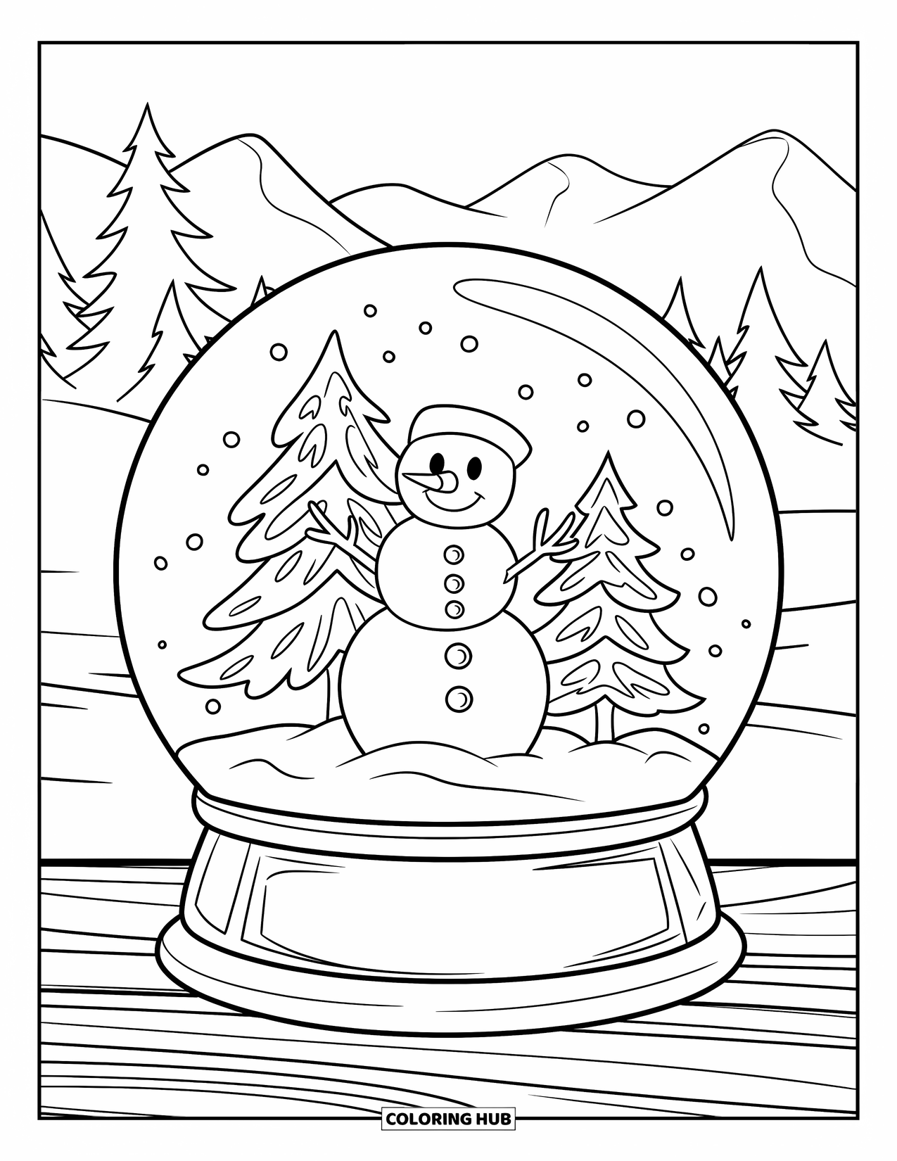 Snow Globe Coloring Page for Kids: Snow globe with a joyful snowman and pine trees on a snowy table
