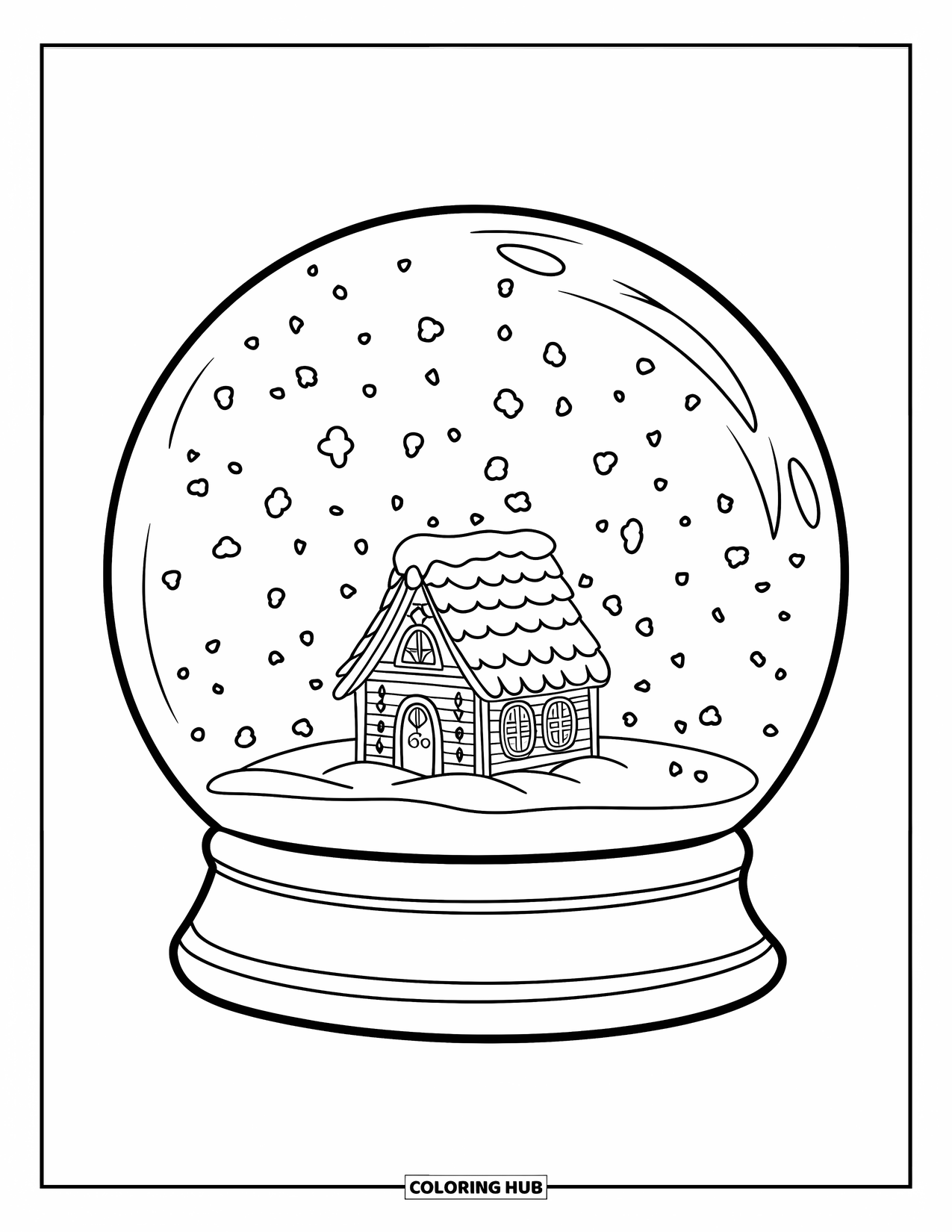 Snow Globe Coloring Page for Kids: Snow globe with a tiny house and snowflakes on a flat base
