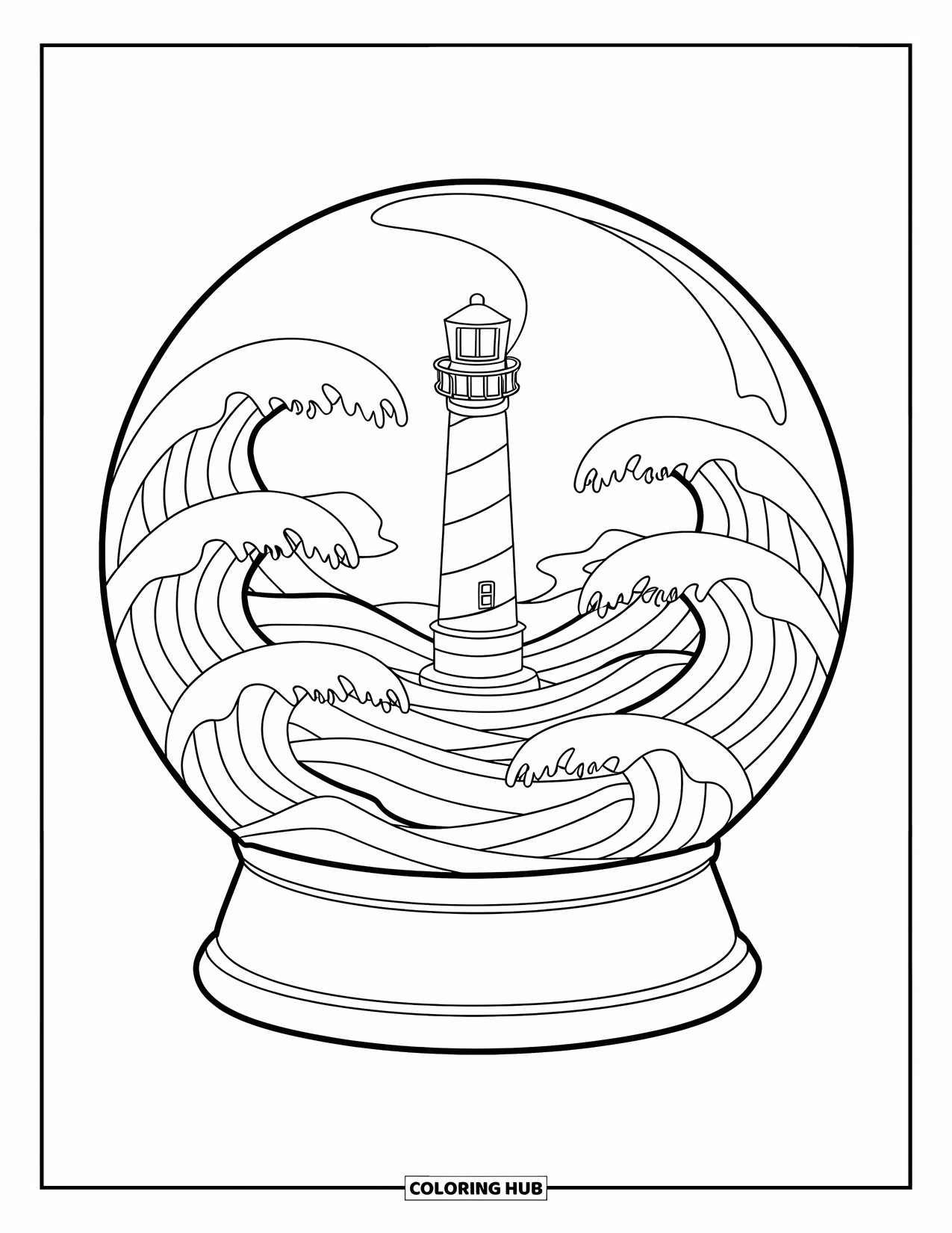 Snow Globe Coloring Page for Kids: Snow globe with striped lighthouse and swirling icy water below
