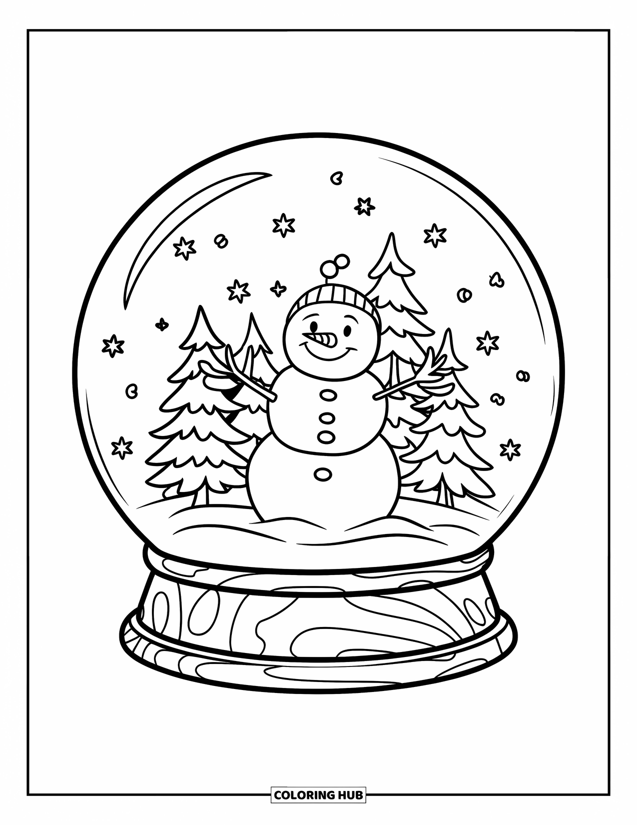 Snow Globe Coloring Page for Kids: Snowman and trees inside a snow globe perfect for little ones to color