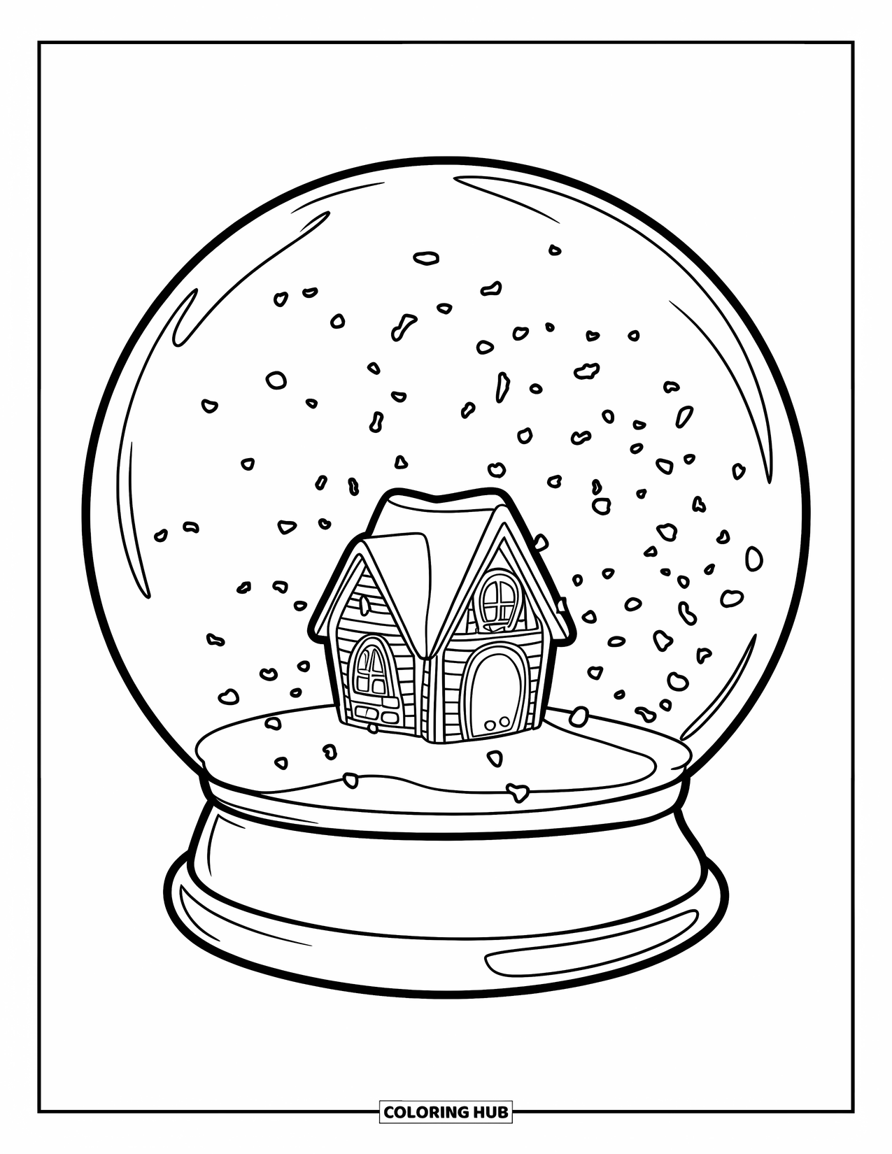 Snow Globe Coloring Page for Kids: Snowy snow globe holds a small cozy cottage and soft snowflakes