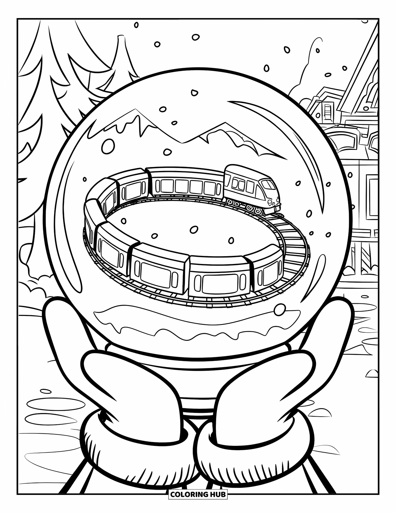 Snow Globe Coloring Page for Kids: Train track winds through a snowy globe held in two soft mittens