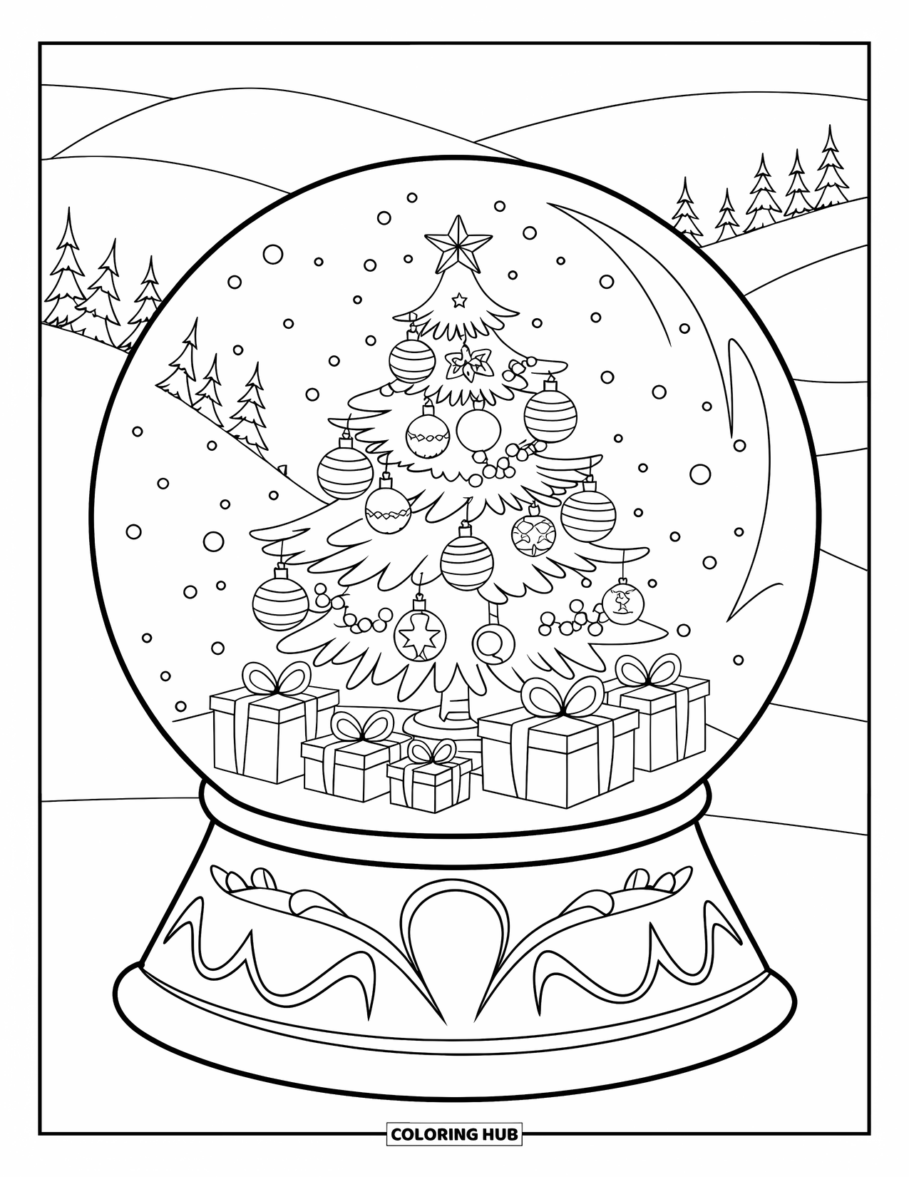 Snow Globe Coloring Page for Kids: Tree with ornaments and presents sits inside a snowy globe