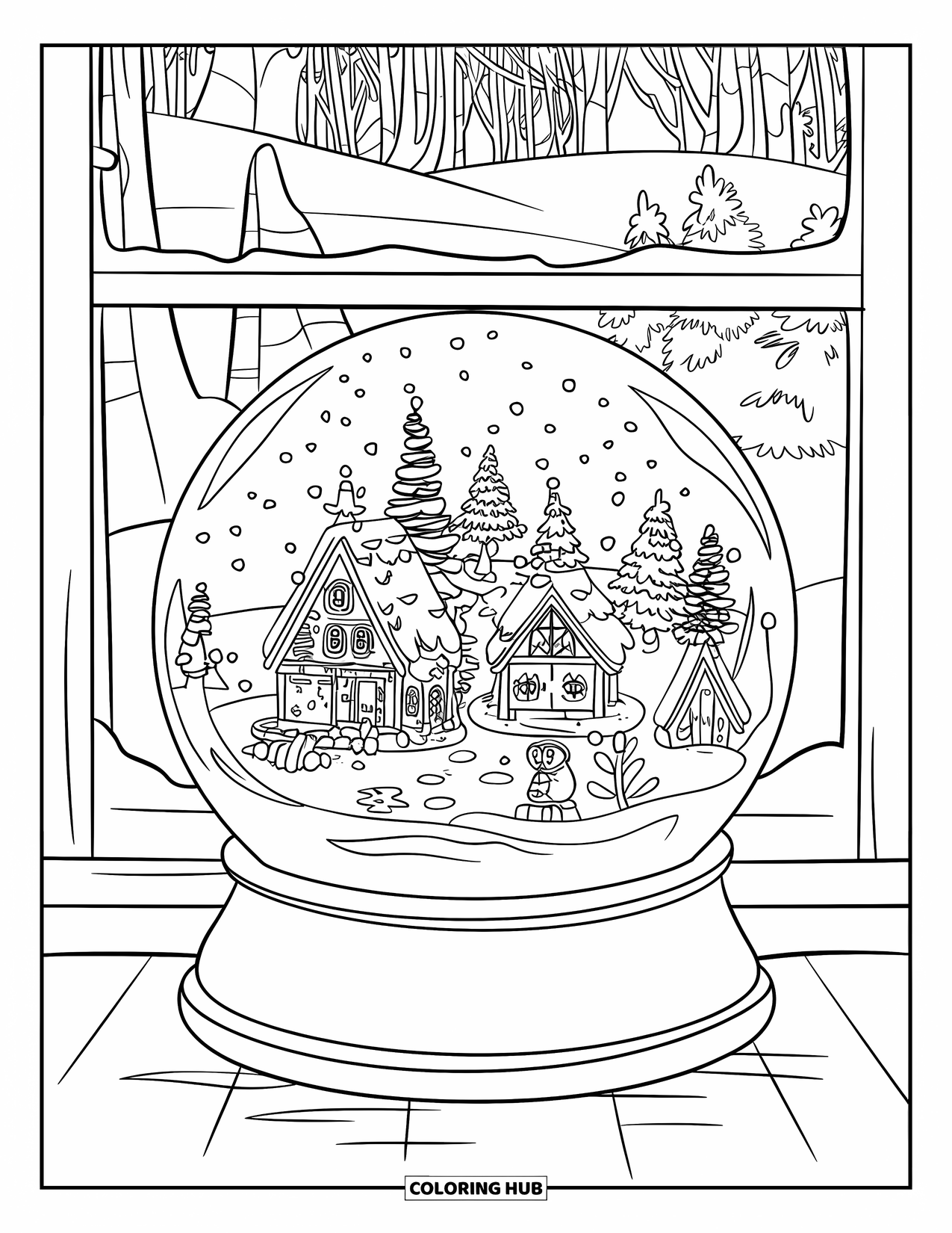 Snow Globe Coloring Page for Kids: Village snow globe rests on a window ledge with snowy trees outside
