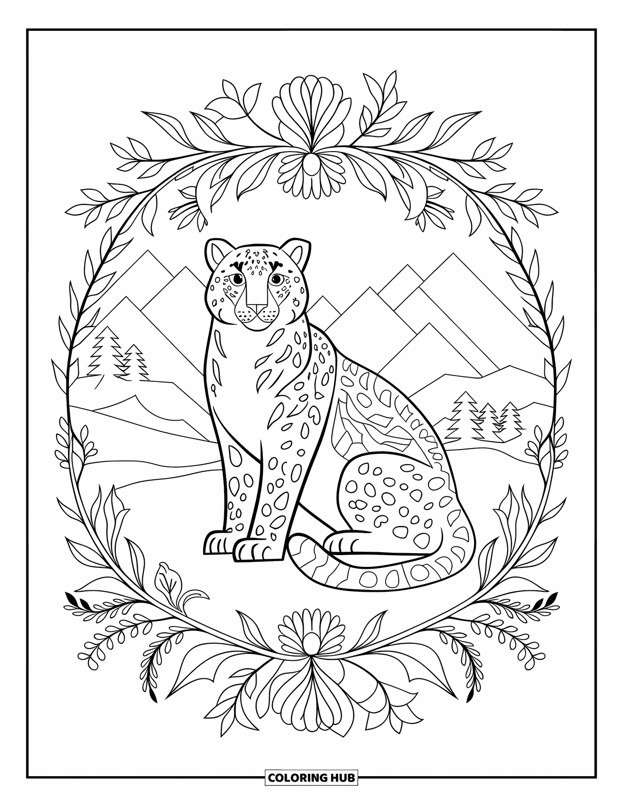 Snow Leopard Coloring Page for Adults: A peaceful snow leopard sits in a flower and vine mandala near the mountains