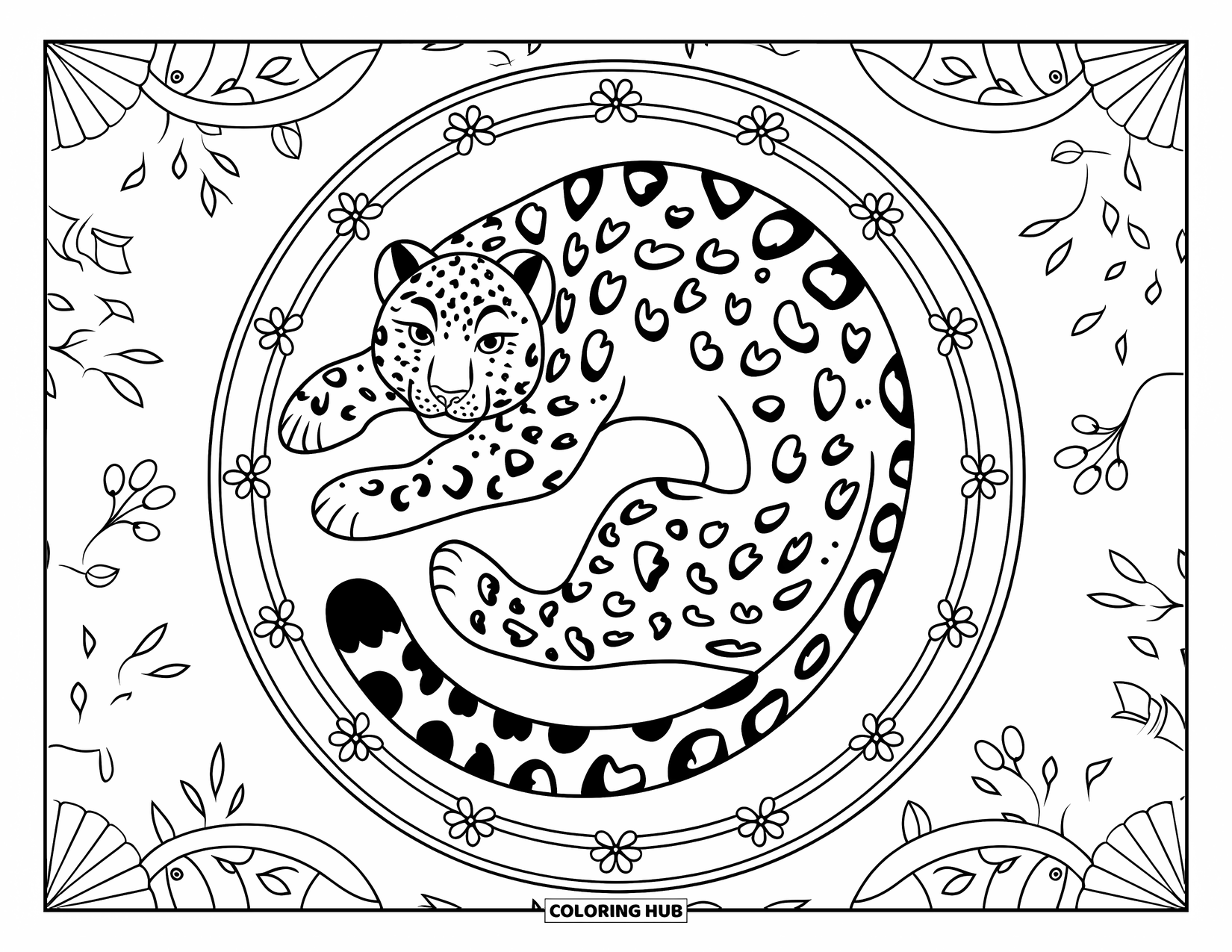 Snow Leopard Coloring Page for Adults: A snow leopard curls up among snowy forest details and floral swirls