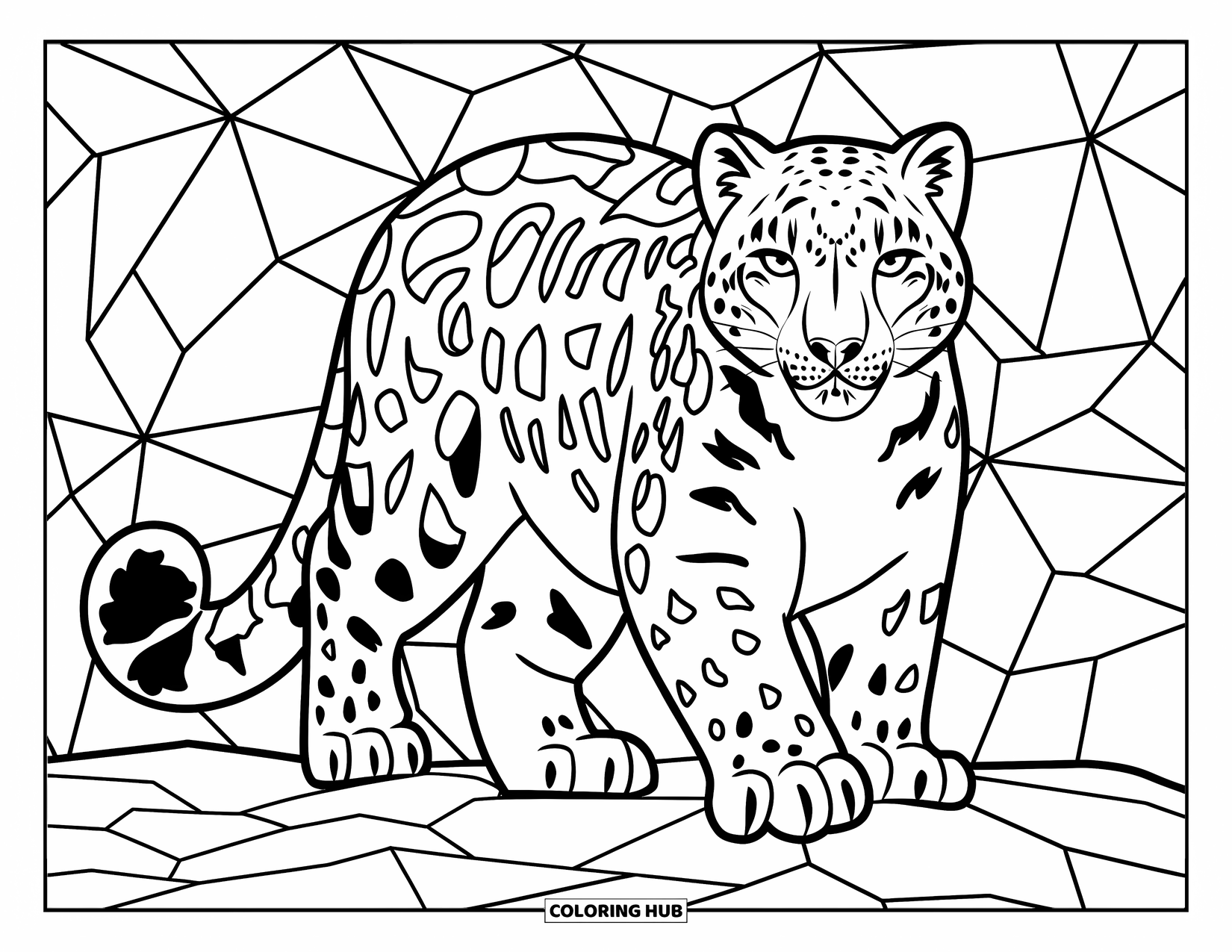 Snow Leopard Coloring Page for Adults: A snow leopard prowls over rocks beneath stained glass-style snowflakes