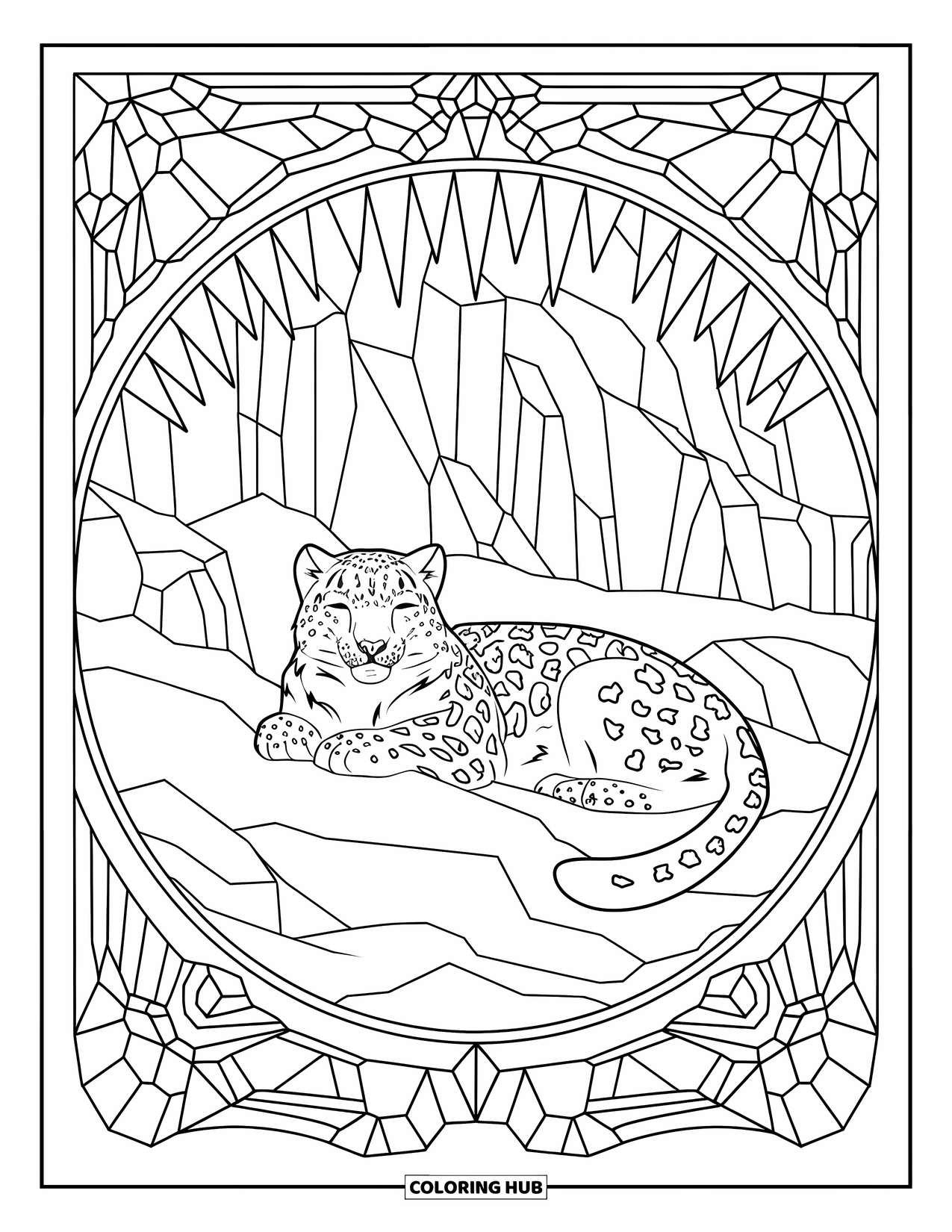 Snow Leopard Coloring Page for Adults: A snow leopard rests peacefully in snow, framed by icicle and crystal patterns