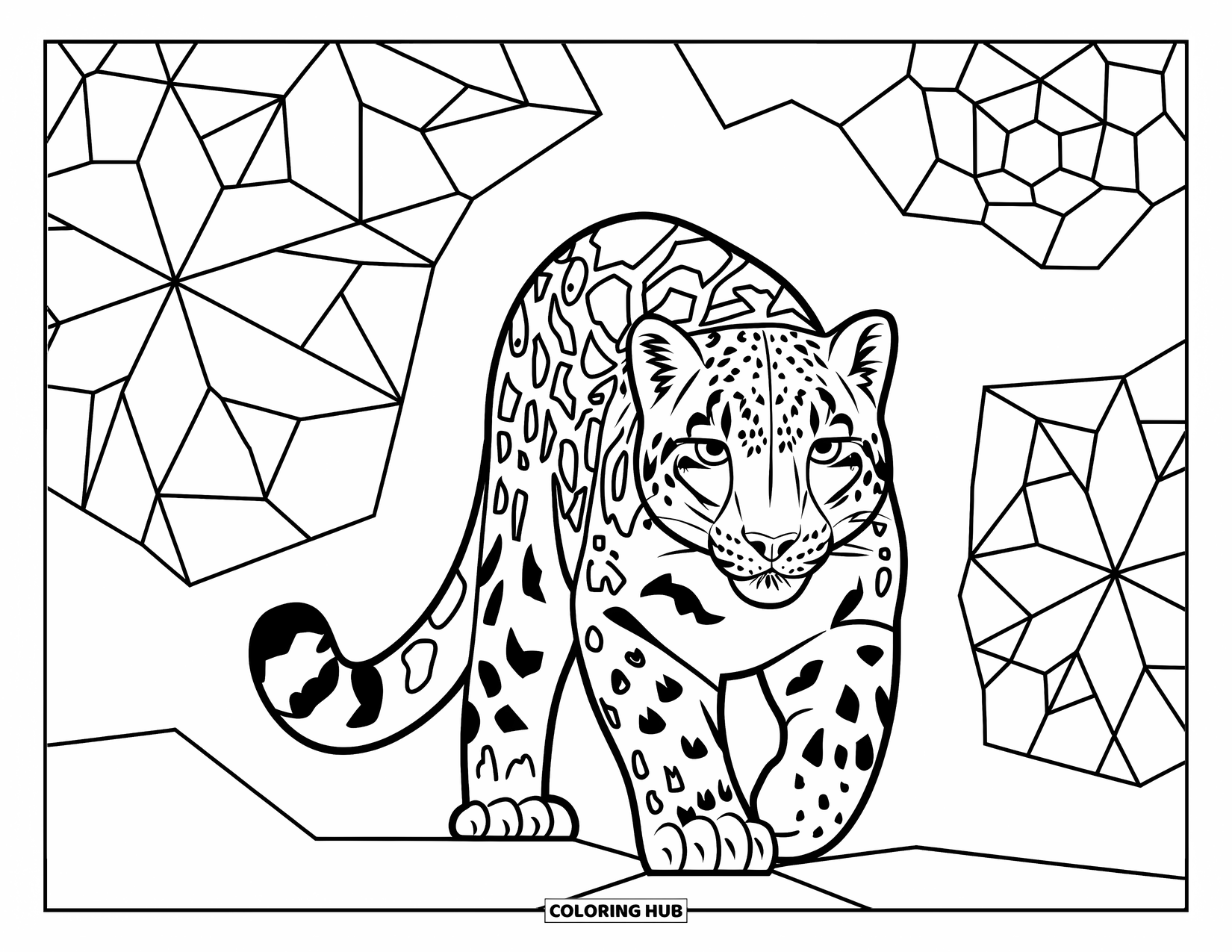 Snow Leopard Coloring Page for Adults: A snow leopard steps forward with stained glass snowflakes behind it