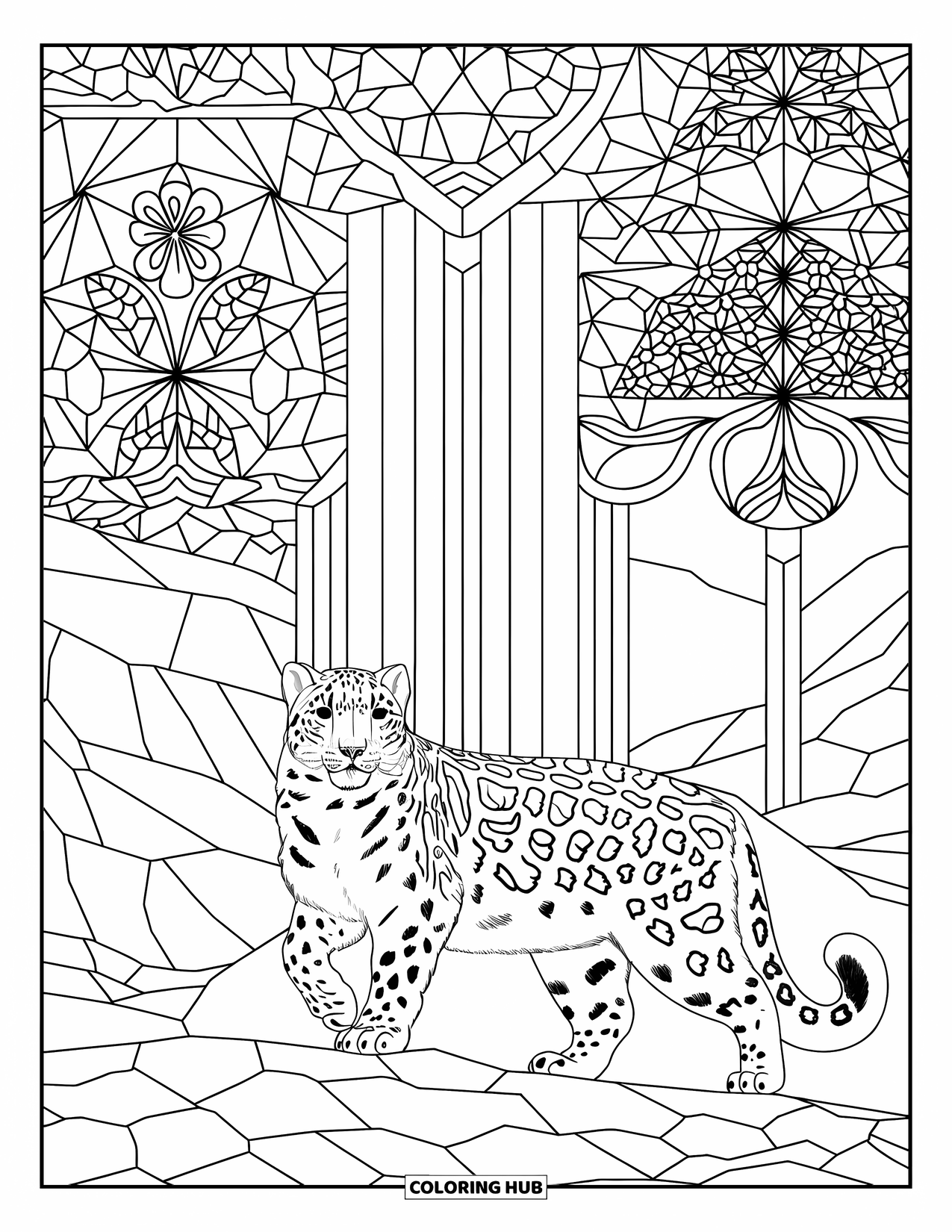 Snow Leopard Coloring Page for Adults: A snow leopard walks on rocky ground in front of patterned snowy trees