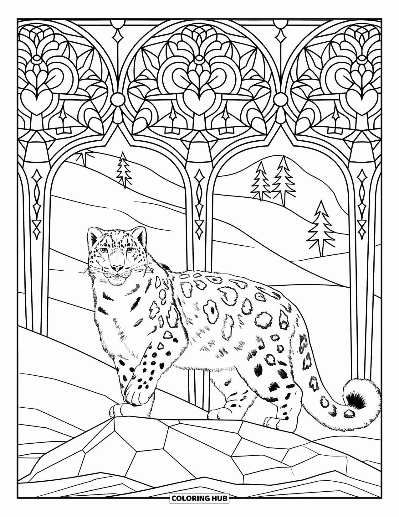 Snow Leopard Coloring Page for Adults: A snow leopard walks over snow and rocks with heart-leaf patterned trees nearby