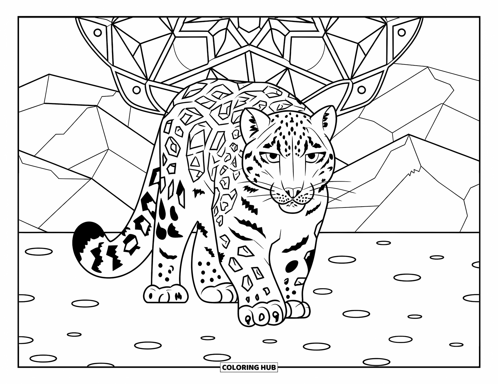 Snow Leopard Coloring Page for Adults: A snow leopard walks through snowy mountains beneath patterned stained glass snowflakes