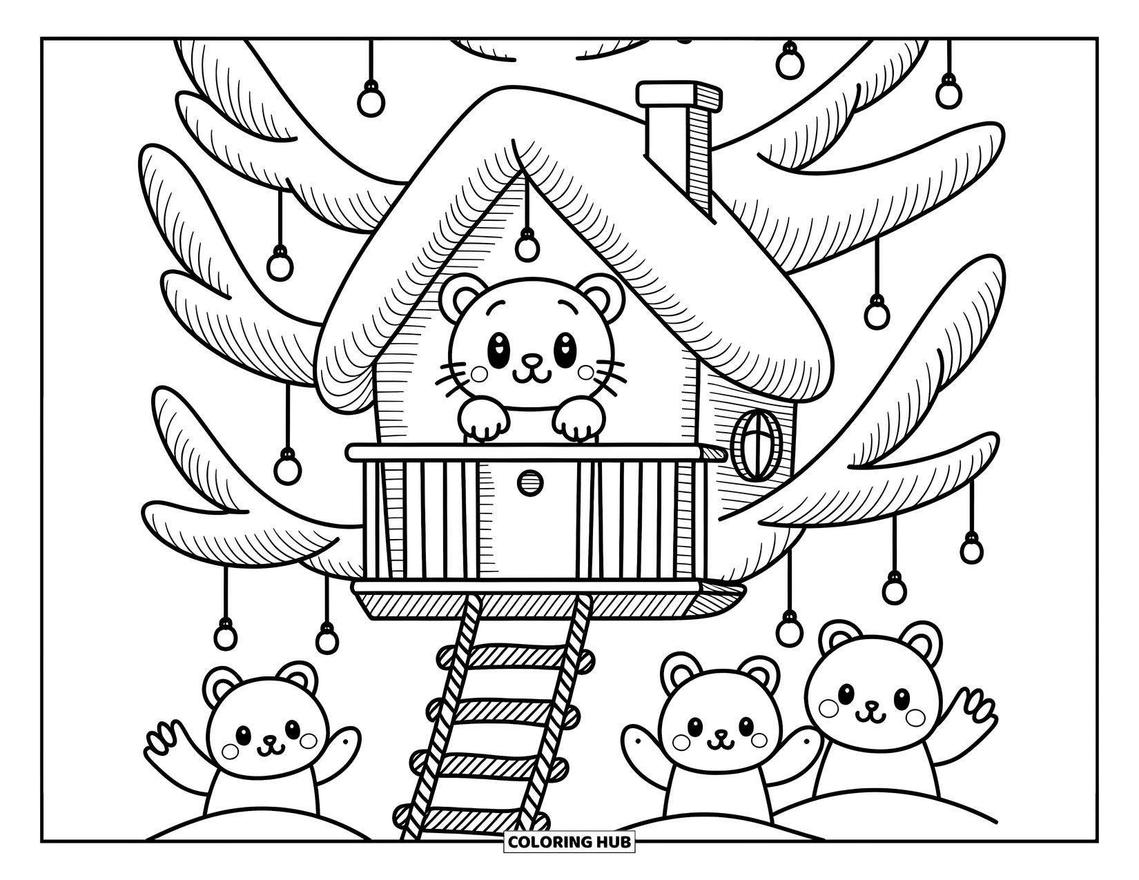 Snow Leopard Coloring Page for Adults: Cozy snow leopard looks out from a lantern-lit treehouse with animals waving from below