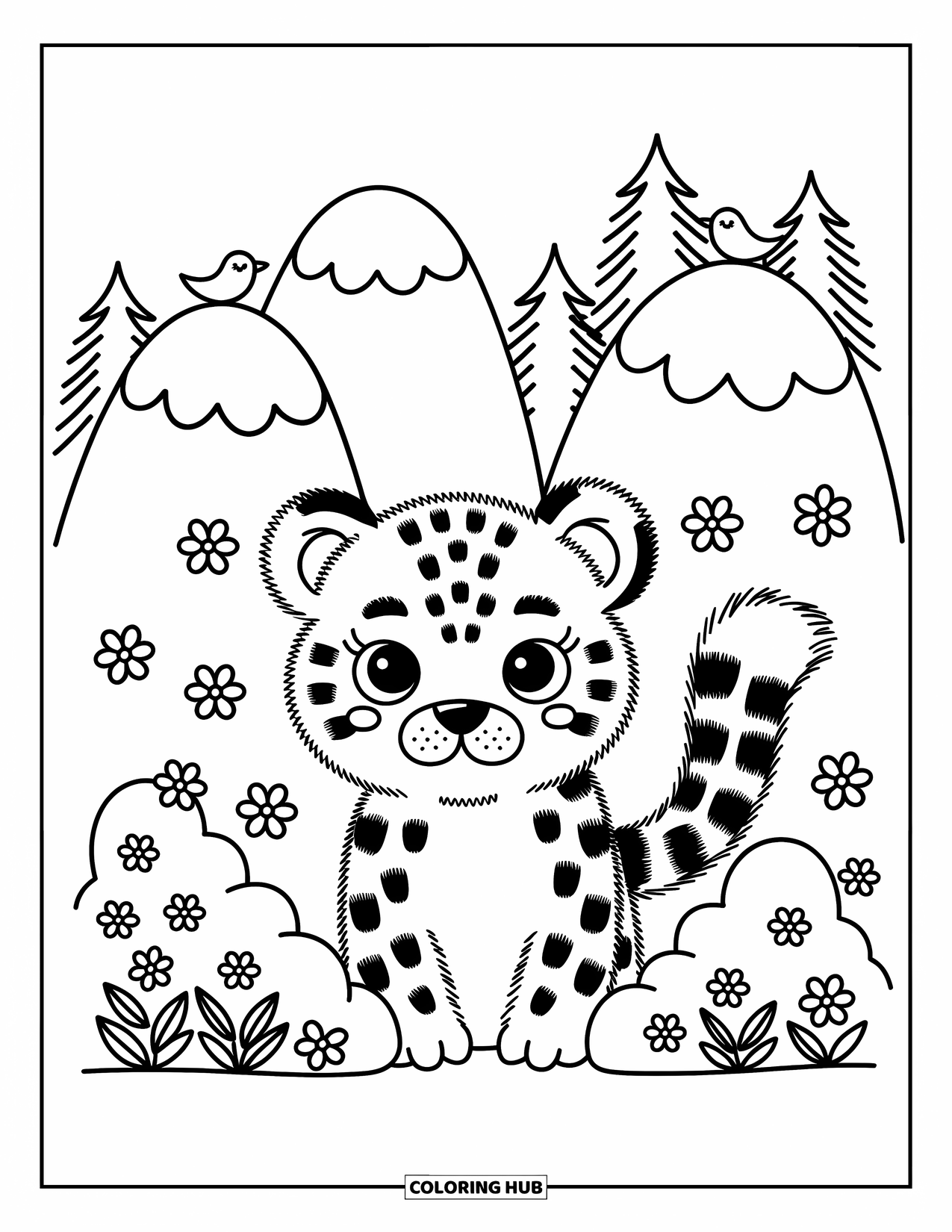 Snow Leopard Coloring Page for Adults: Curious snow leopard peers through snow-dusted bushes with tiny birds nearby