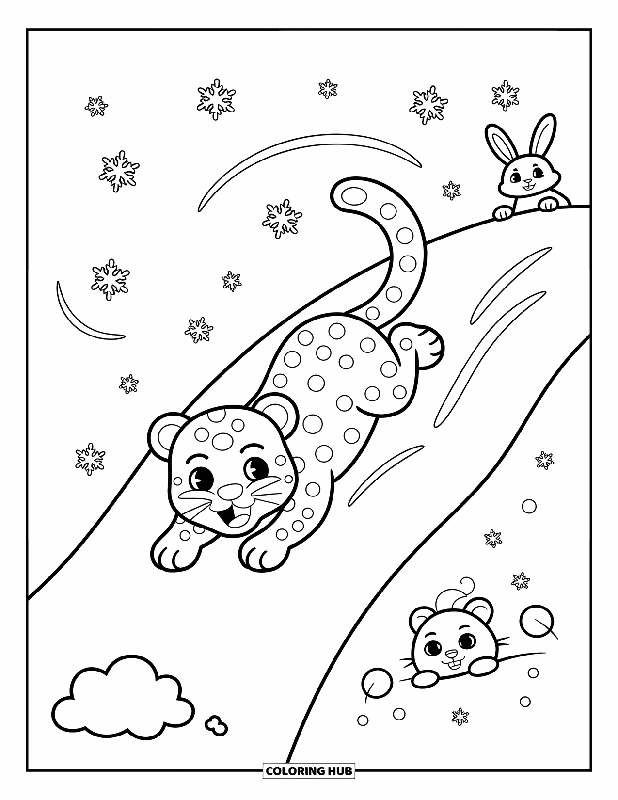 Snow Leopard Coloring Page for Adults: Happy snow leopard slides down a snowy slope with snowballs puffing around the bottom