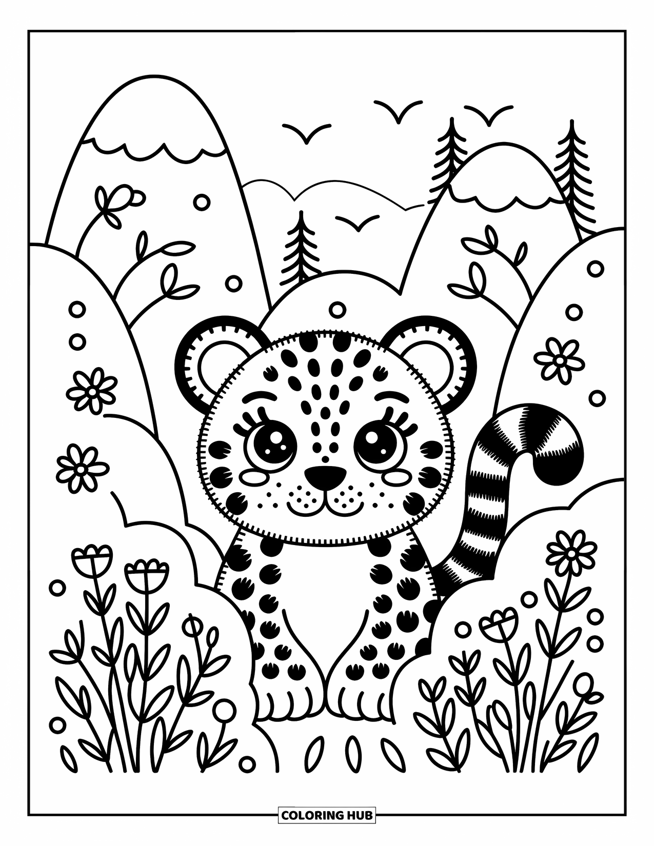 Snow Leopard Coloring Page for Adults: Playful snow leopard peeks from snowy plants while little birds perch nearby